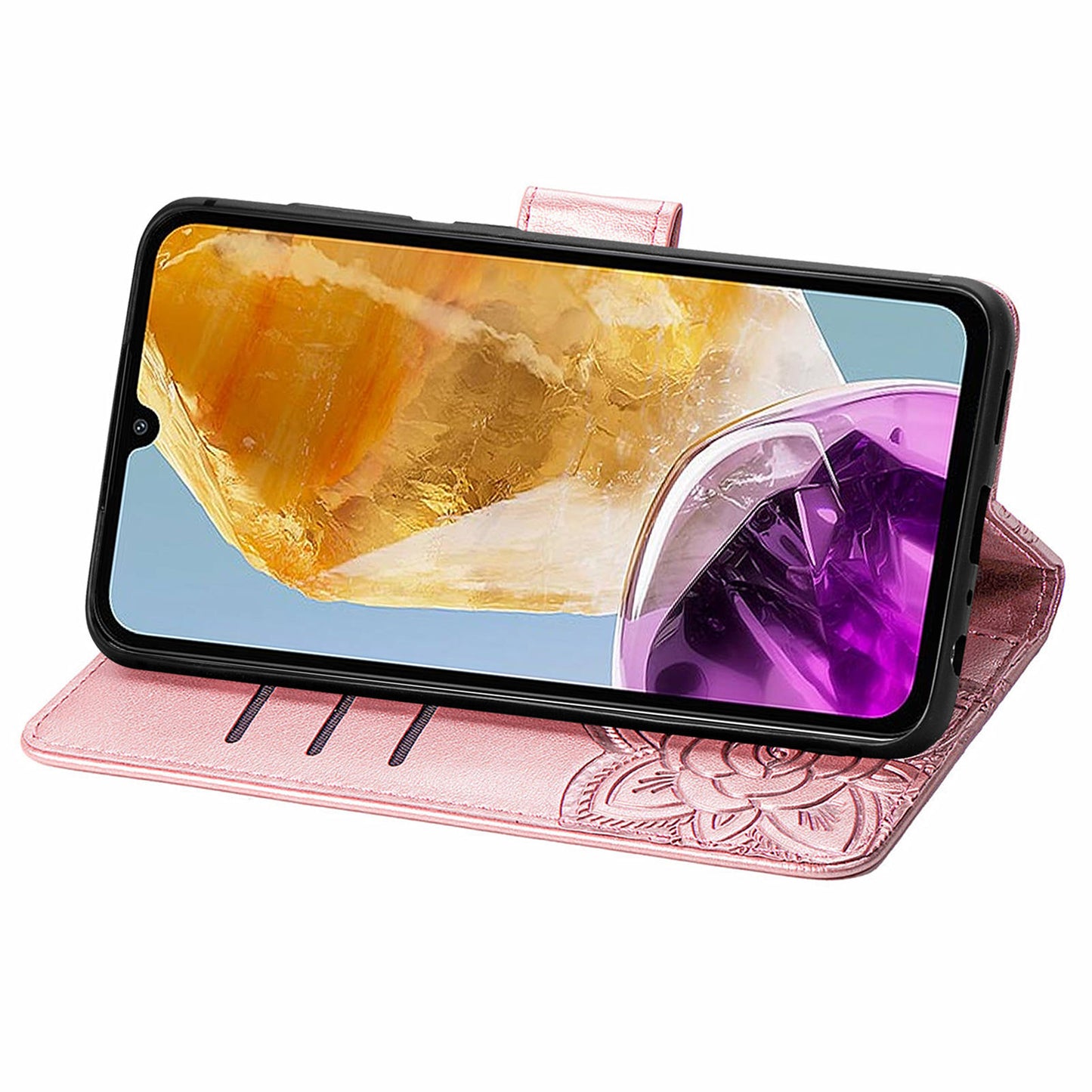 For Samsung Galaxy M15 5G Case Butterfly Pattern PU Leather Hand Strap Wallet Purse Phone Cover - Rose Gold