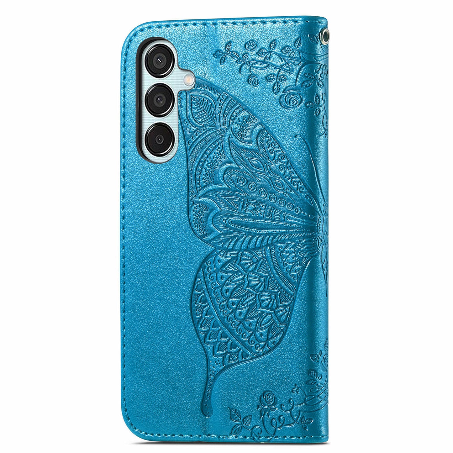 For Samsung Galaxy M15 5G Case Butterfly Pattern PU Leather Hand Strap Wallet Purse Phone Cover - Blue