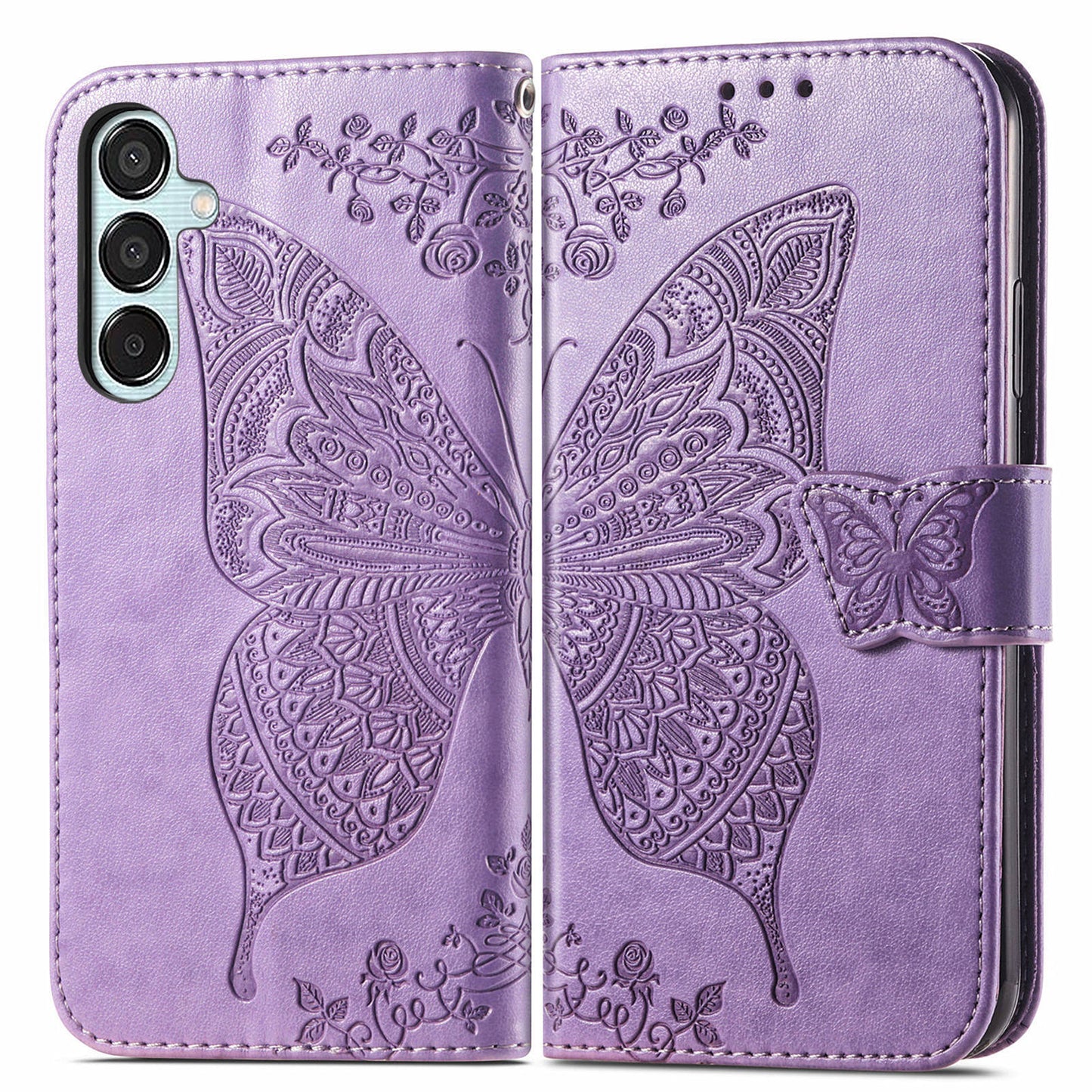 For Samsung Galaxy M15 5G Case Butterfly Pattern PU Leather Hand Strap Wallet Purse Phone Cover - Light Purple