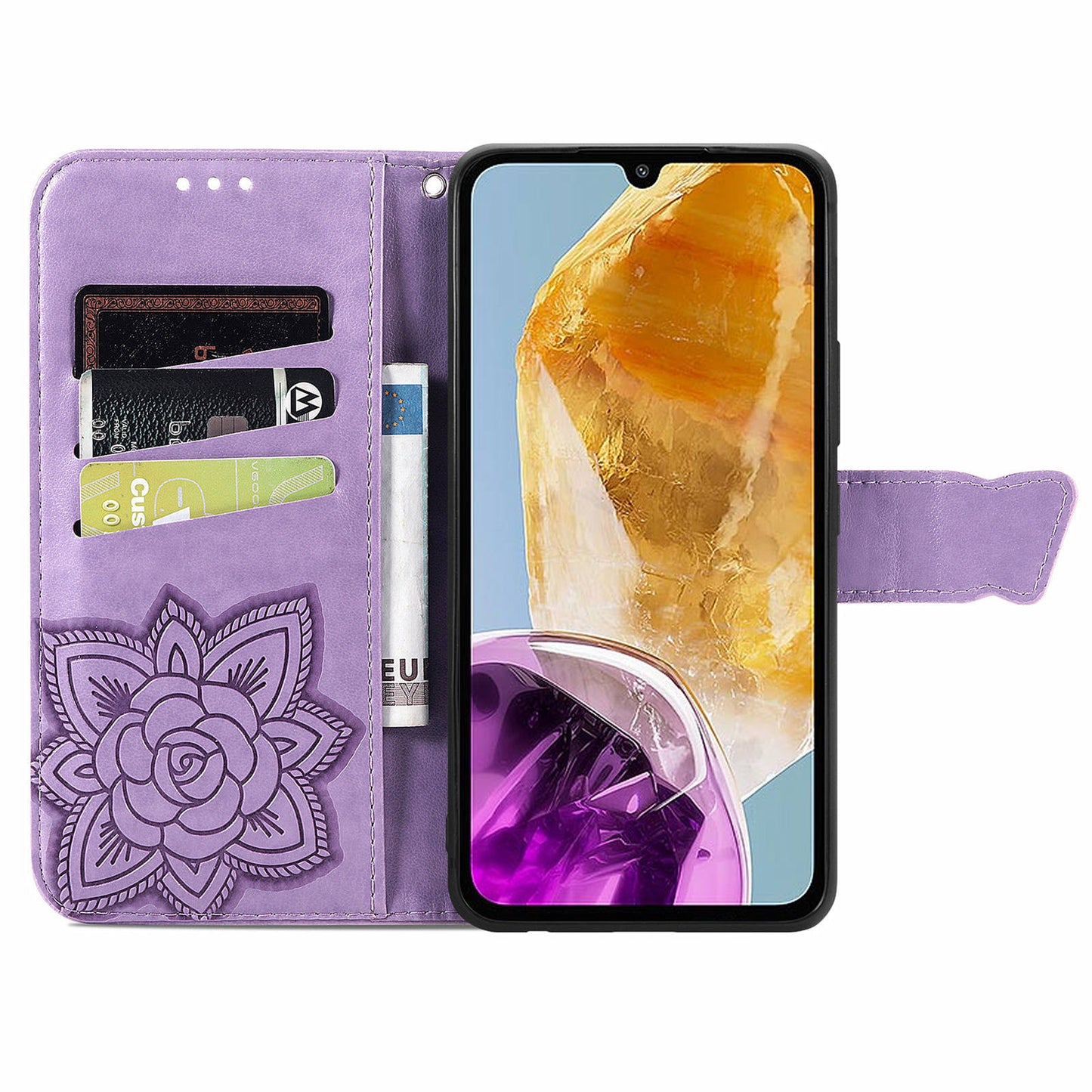 For Samsung Galaxy M15 5G Case Butterfly Pattern PU Leather Hand Strap Wallet Purse Phone Cover - Light Purple