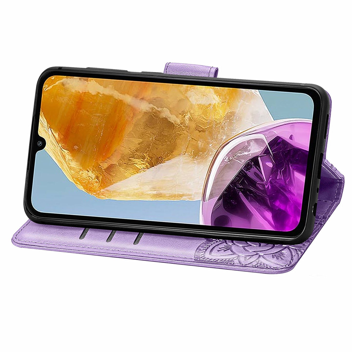 For Samsung Galaxy M15 5G Case Butterfly Pattern PU Leather Hand Strap Wallet Purse Phone Cover - Light Purple