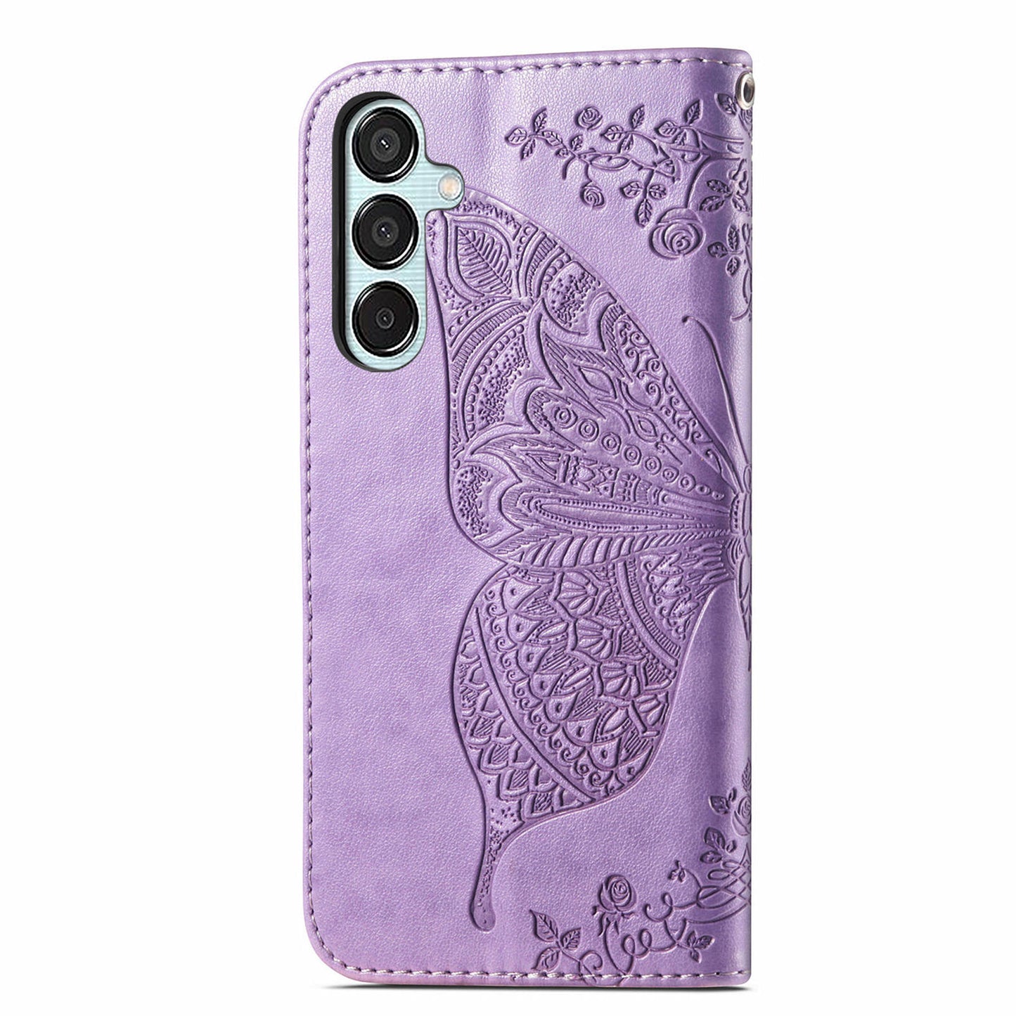 For Samsung Galaxy M15 5G Case Butterfly Pattern PU Leather Hand Strap Wallet Purse Phone Cover - Light Purple