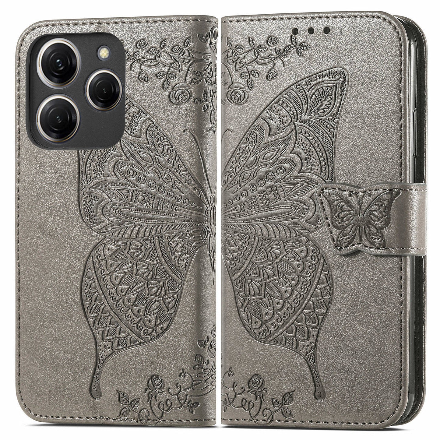 For Transsion Tecno Spark 20 Pro Case Butterfly Pattern Flip Folio PU Leather Phone Cover - Grey