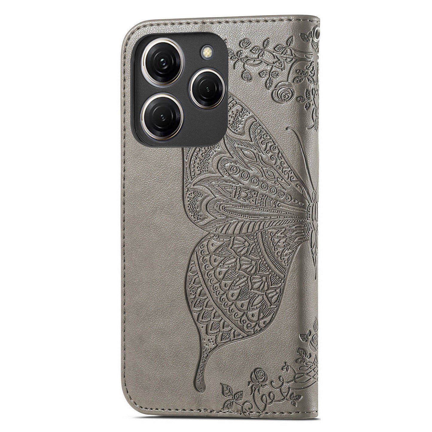 For Transsion Tecno Spark 20 Pro Case Butterfly Pattern Flip Folio PU Leather Phone Cover - Grey
