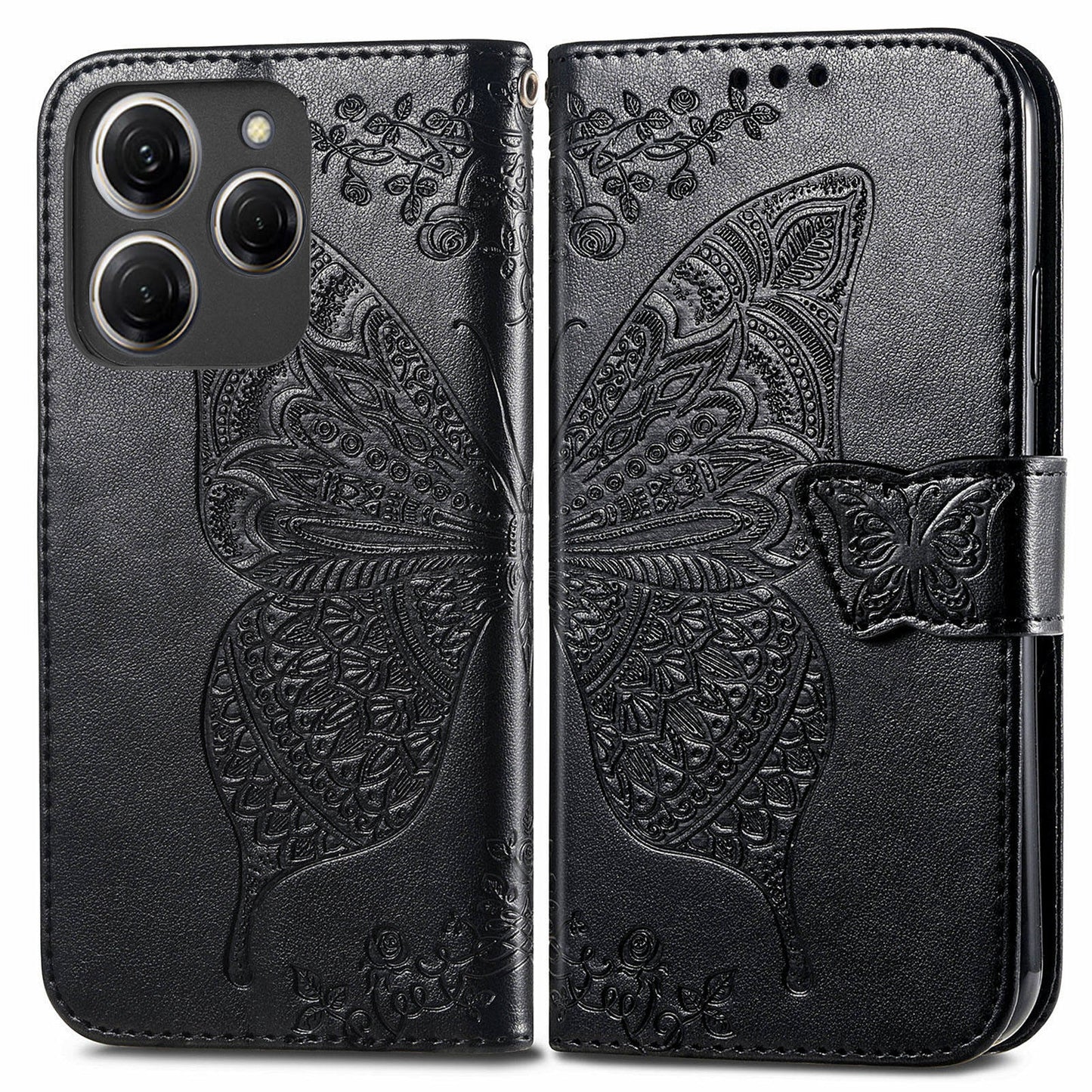 For Transsion Tecno Spark 20 Pro Case Butterfly Pattern Flip Folio PU Leather Phone Cover - Black