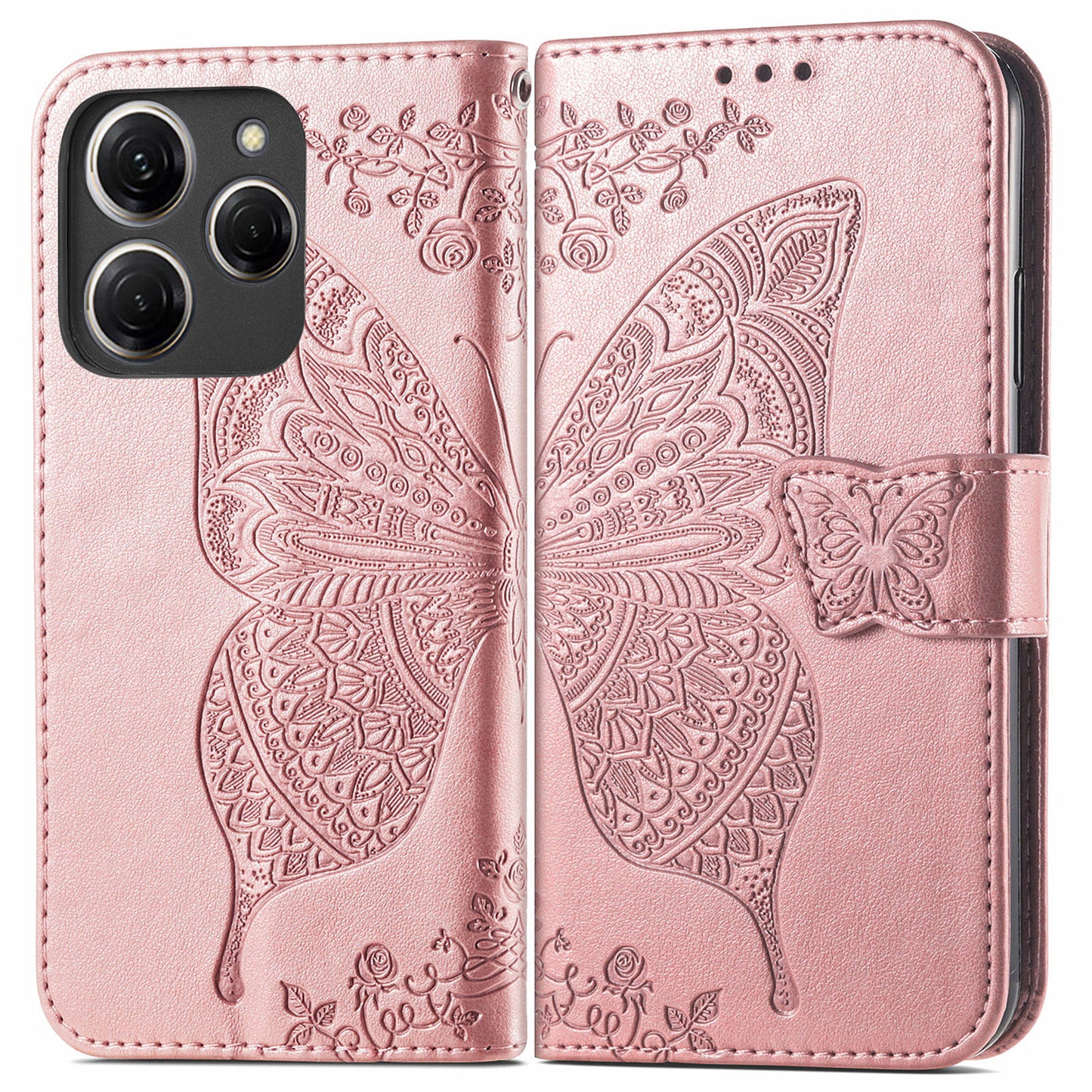 For Transsion Tecno Spark 20 Pro Case Butterfly Pattern Flip Folio PU Leather Phone Cover - Rose Gold