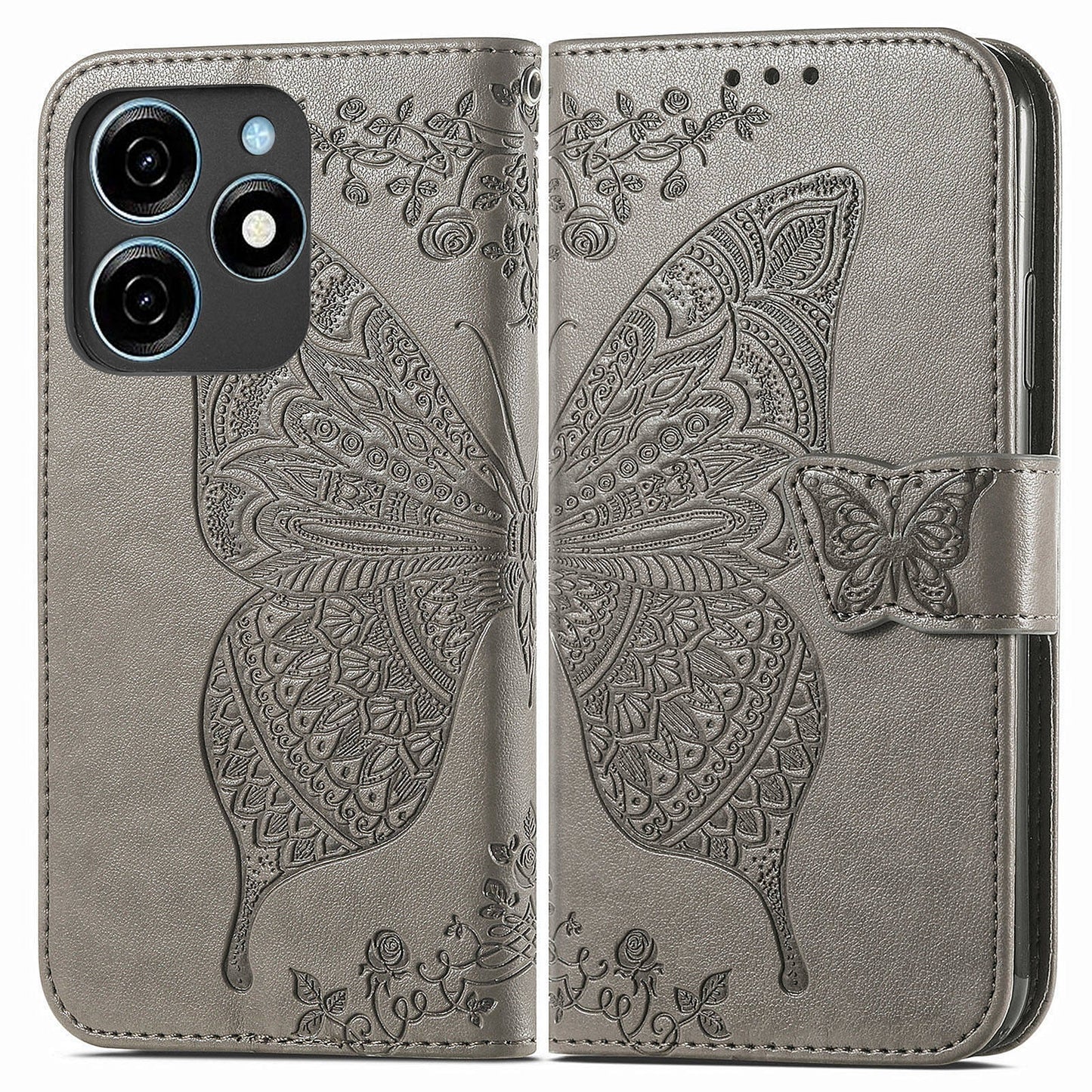 For Transsion Tecno Spark 20C Case Butterfly Imprinted PU Leather Stand Phone Cover Online Shopping Wholesale - Grey
