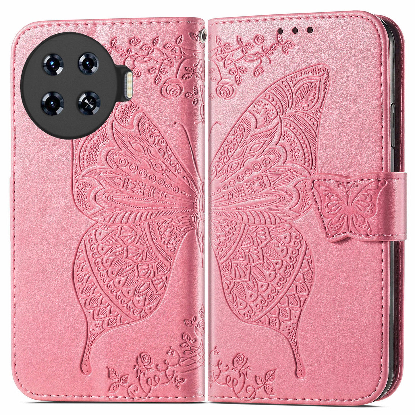 For Transsion Tecno Spark 20 Pro+ Case Butterfly PU Leather Wallet Flip Protective Phone Cover with Wrist Strap - Pink
