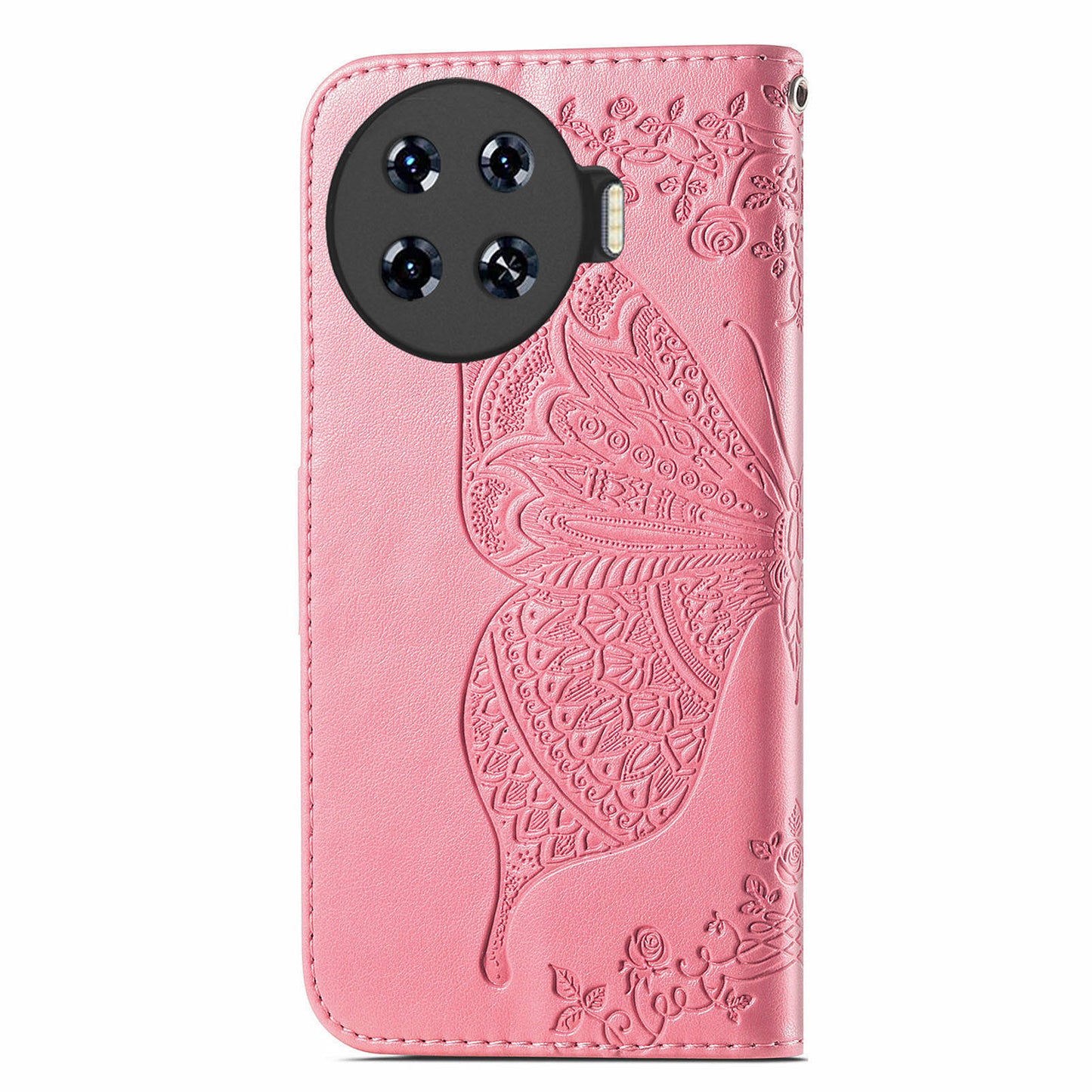 For Transsion Tecno Spark 20 Pro+ Case Butterfly PU Leather Wallet Flip Protective Phone Cover with Wrist Strap - Pink