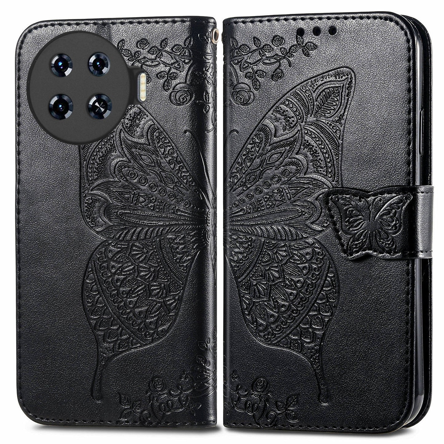 For Transsion Tecno Spark 20 Pro+ Case Butterfly PU Leather Wallet Flip Protective Phone Cover with Wrist Strap - Black