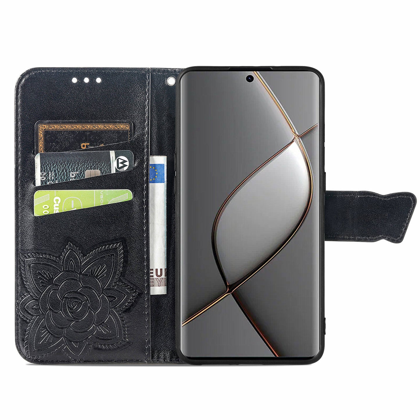 For Transsion Tecno Spark 20 Pro+ Case Butterfly PU Leather Wallet Flip Protective Phone Cover with Wrist Strap - Black
