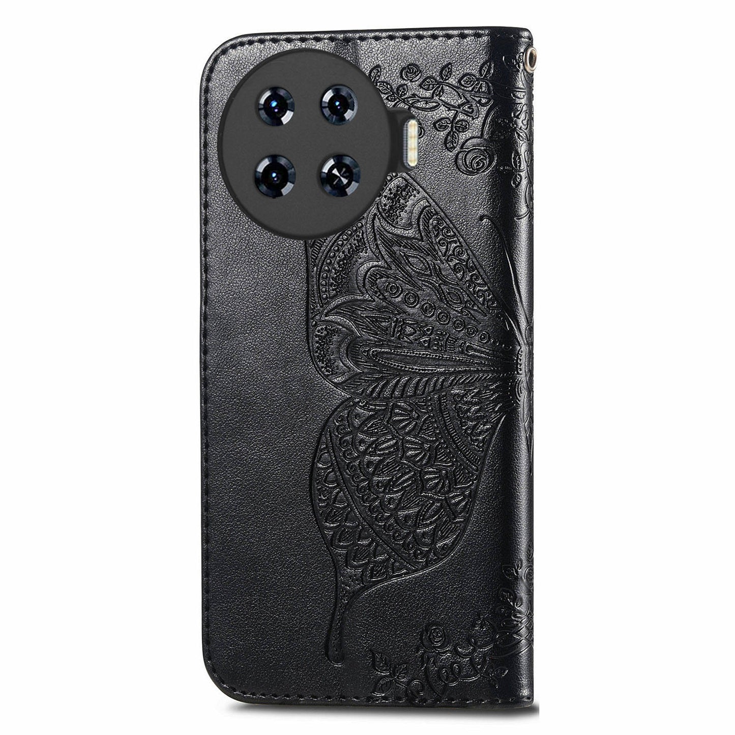 For Transsion Tecno Spark 20 Pro+ Case Butterfly PU Leather Wallet Flip Protective Phone Cover with Wrist Strap - Black