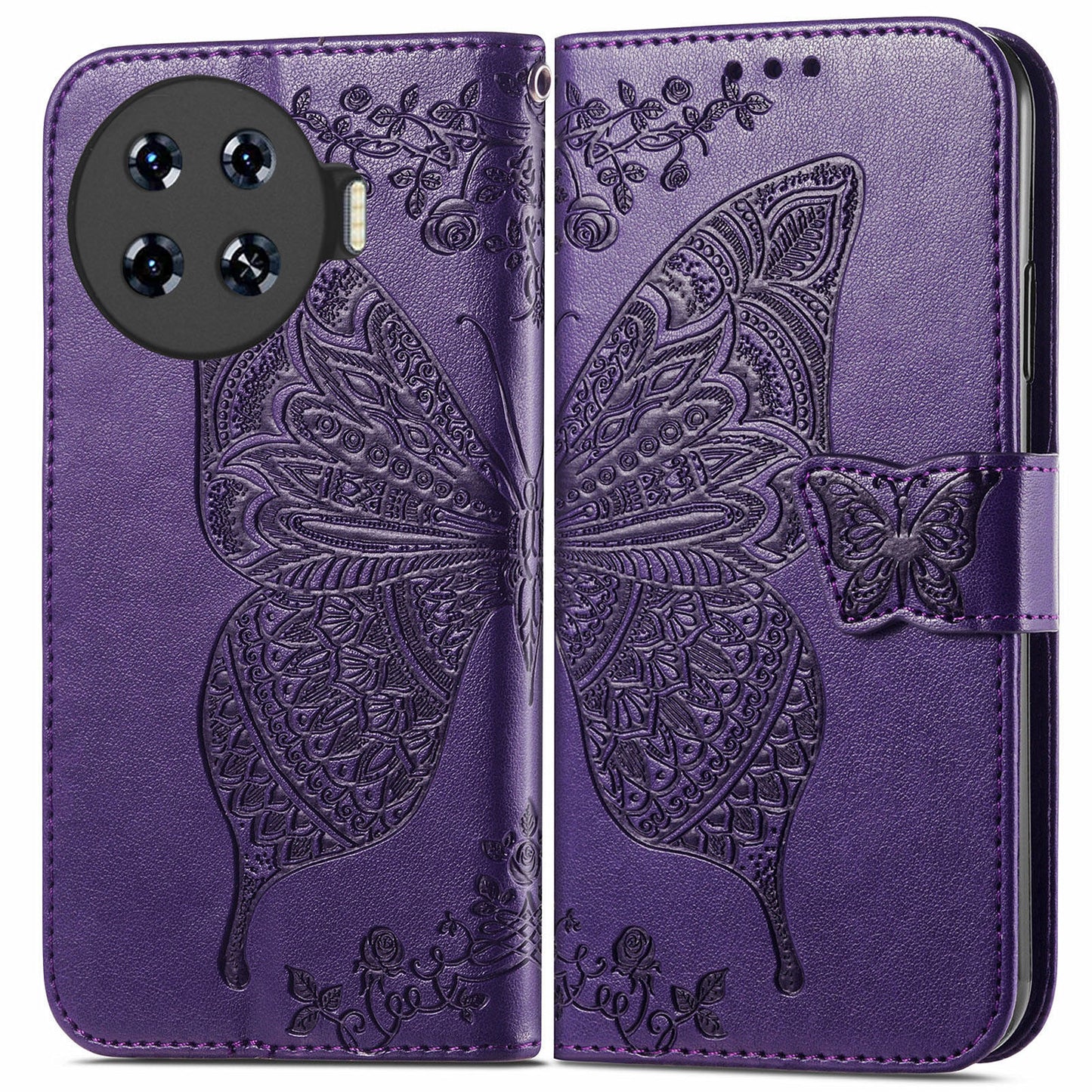 For Transsion Tecno Spark 20 Pro+ Case Butterfly PU Leather Wallet Flip Protective Phone Cover with Wrist Strap - Dark Purple