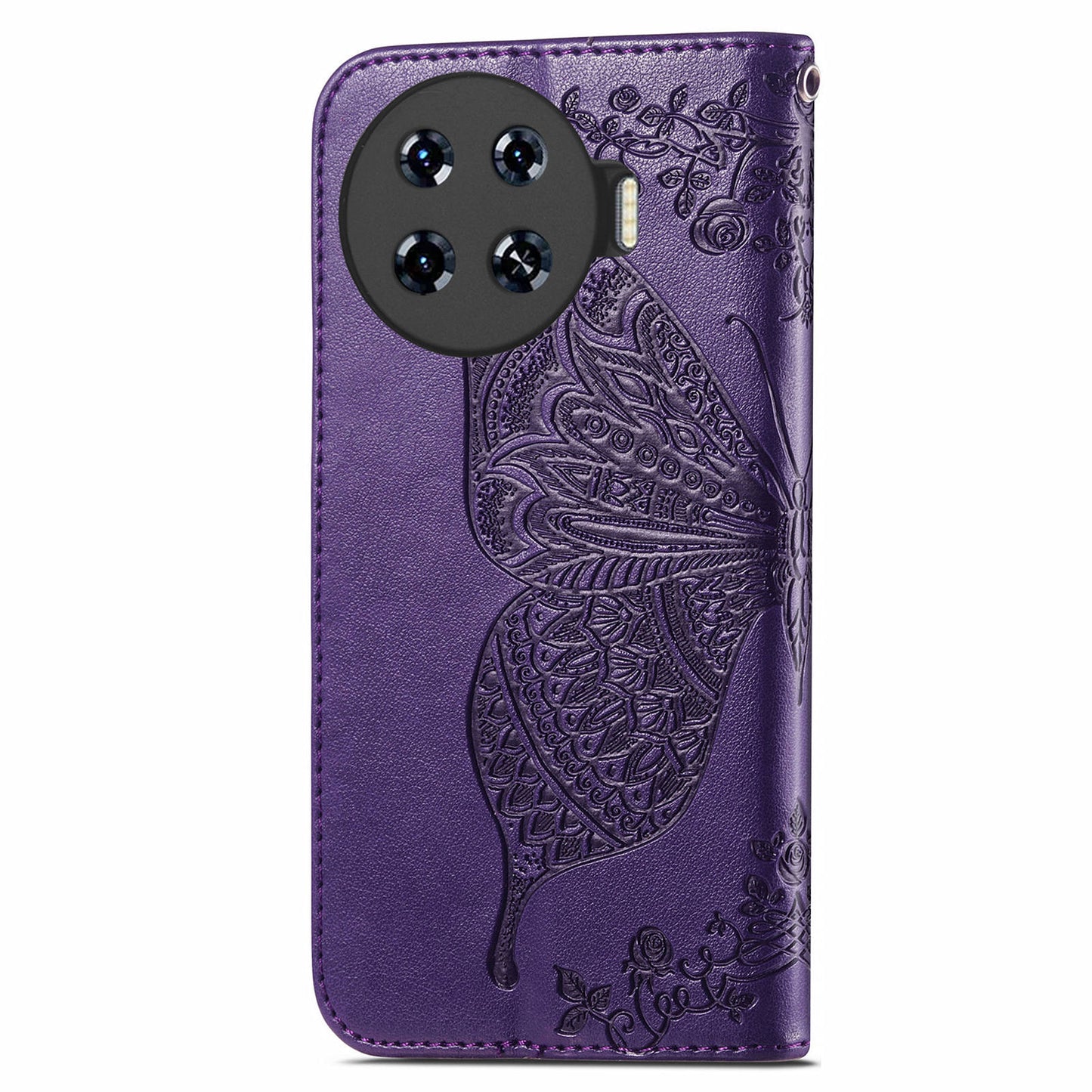 For Transsion Tecno Spark 20 Pro+ Case Butterfly PU Leather Wallet Flip Protective Phone Cover with Wrist Strap - Dark Purple