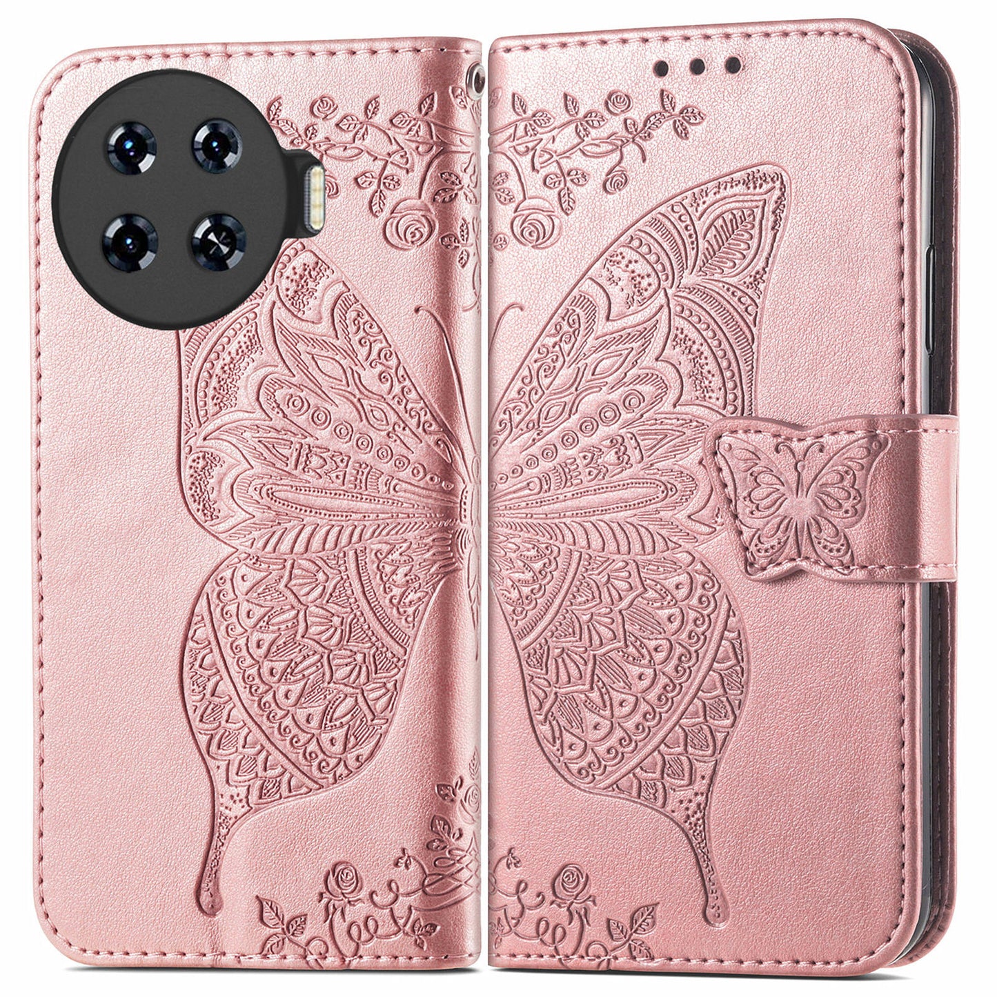 For Transsion Tecno Spark 20 Pro+ Case Butterfly PU Leather Wallet Flip Protective Phone Cover with Wrist Strap - Rose Gold