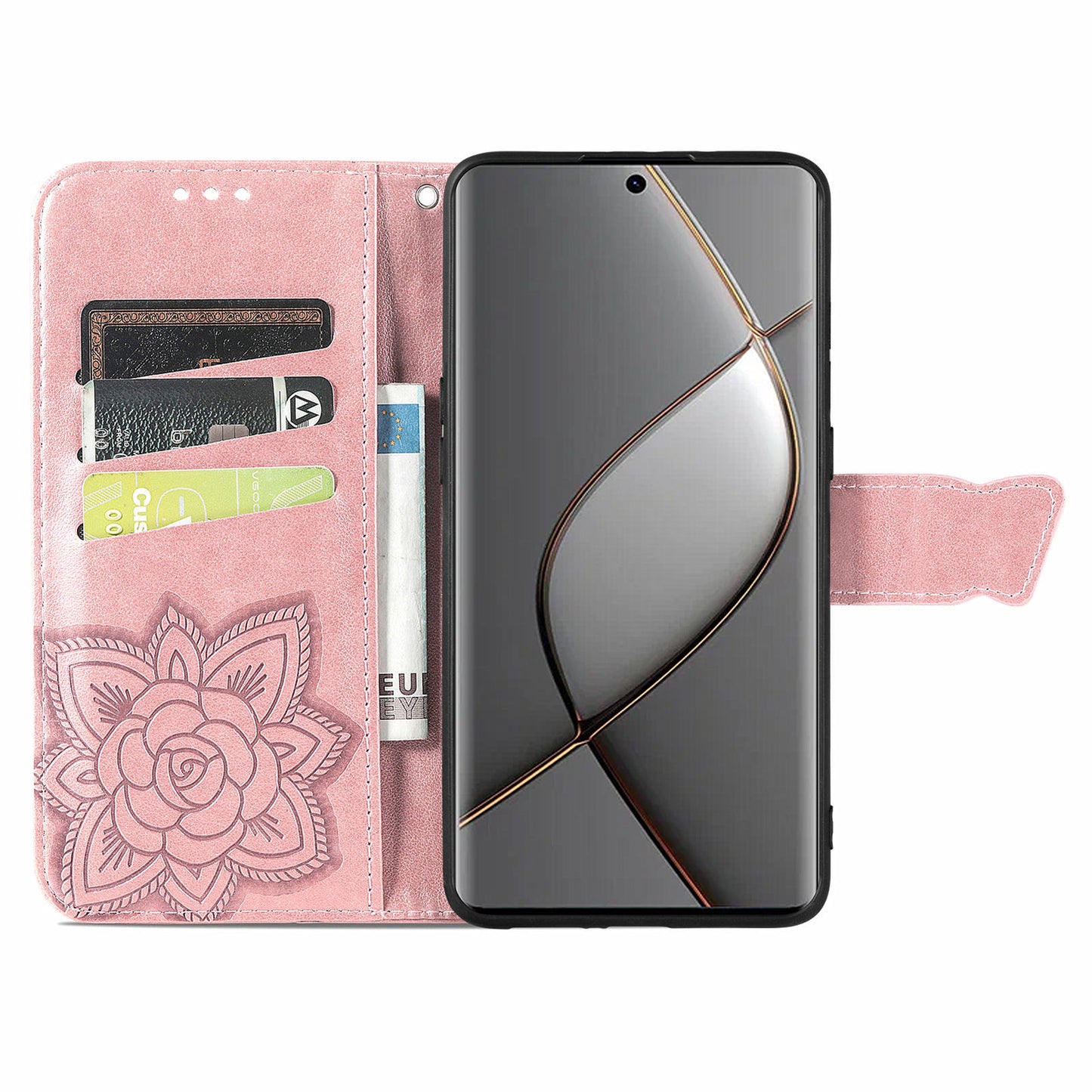 For Transsion Tecno Spark 20 Pro+ Case Butterfly PU Leather Wallet Flip Protective Phone Cover with Wrist Strap - Rose Gold