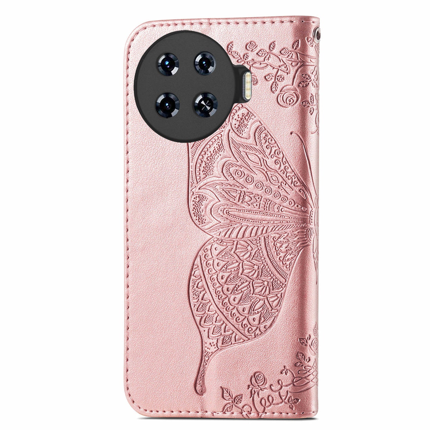 For Transsion Tecno Spark 20 Pro+ Case Butterfly PU Leather Wallet Flip Protective Phone Cover with Wrist Strap - Rose Gold