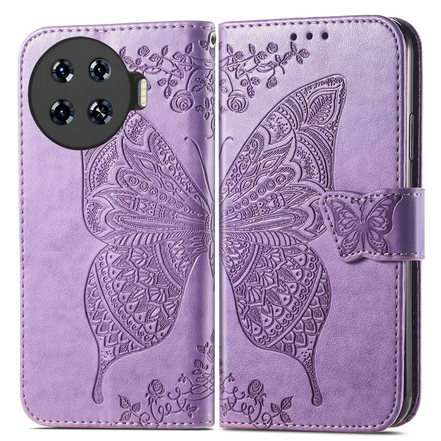 For Transsion Tecno Spark 20 Pro+ Case Butterfly PU Leather Wallet Flip Protective Phone Cover with Wrist Strap - Light Purple