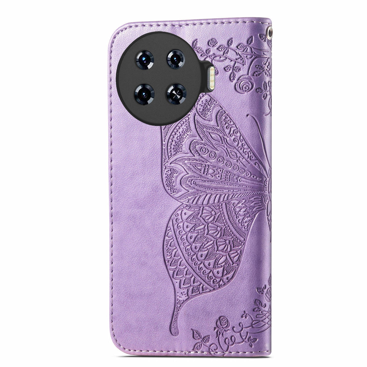 For Transsion Tecno Spark 20 Pro+ Case Butterfly PU Leather Wallet Flip Protective Phone Cover with Wrist Strap - Light Purple