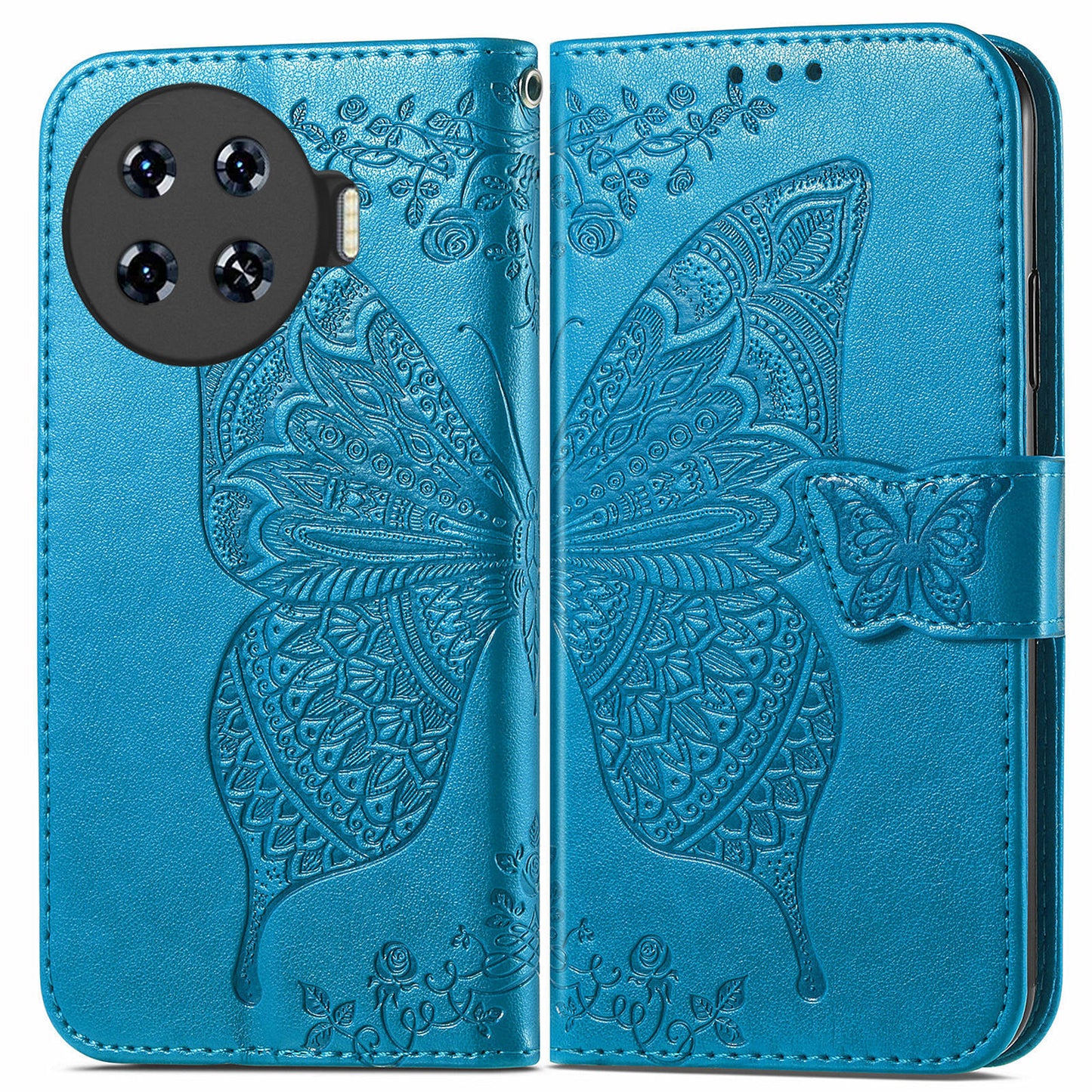 For Transsion Tecno Spark 20 Pro+ Case Butterfly PU Leather Wallet Flip Protective Phone Cover with Wrist Strap - Blue