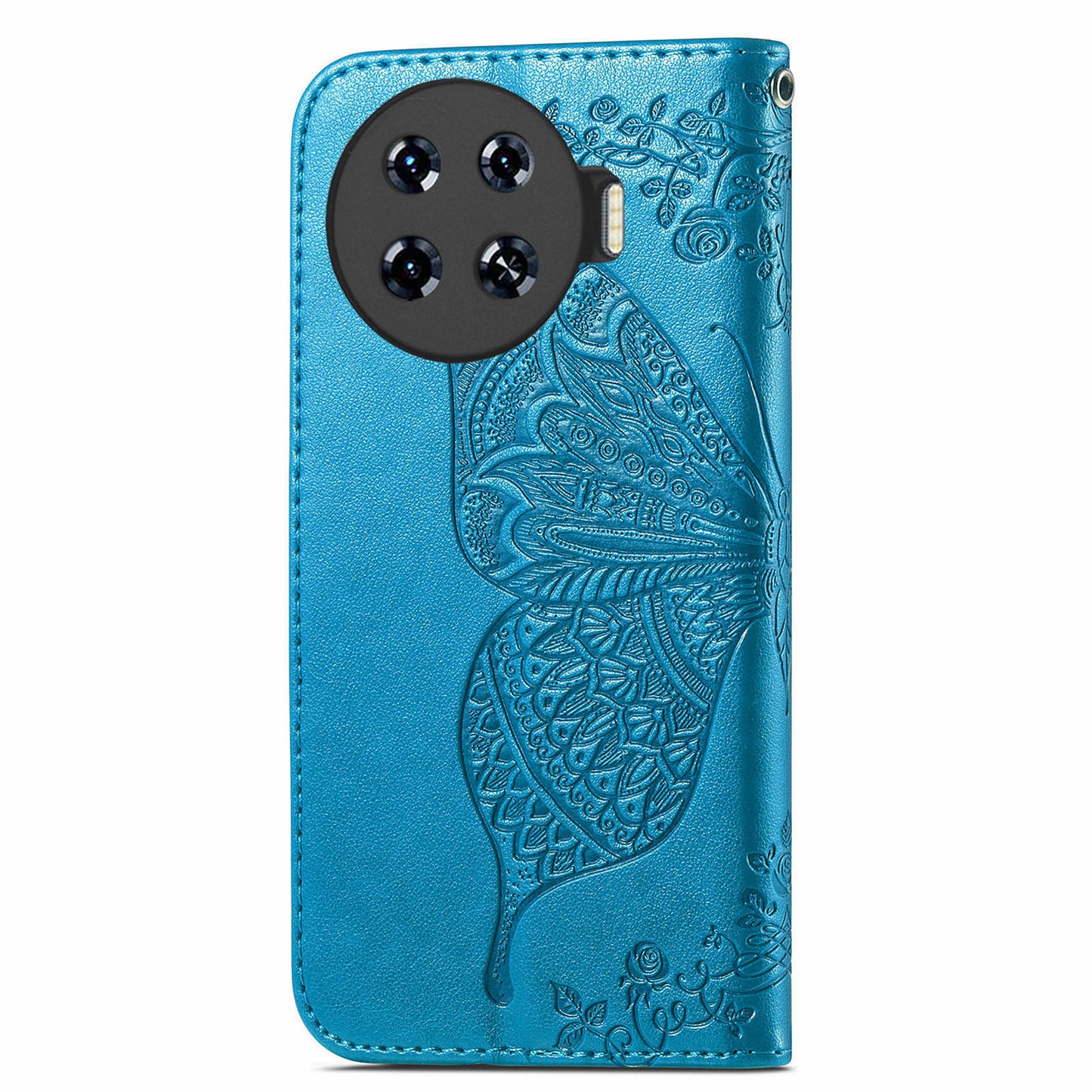 For Transsion Tecno Spark 20 Pro+ Case Butterfly PU Leather Wallet Flip Protective Phone Cover with Wrist Strap - Blue