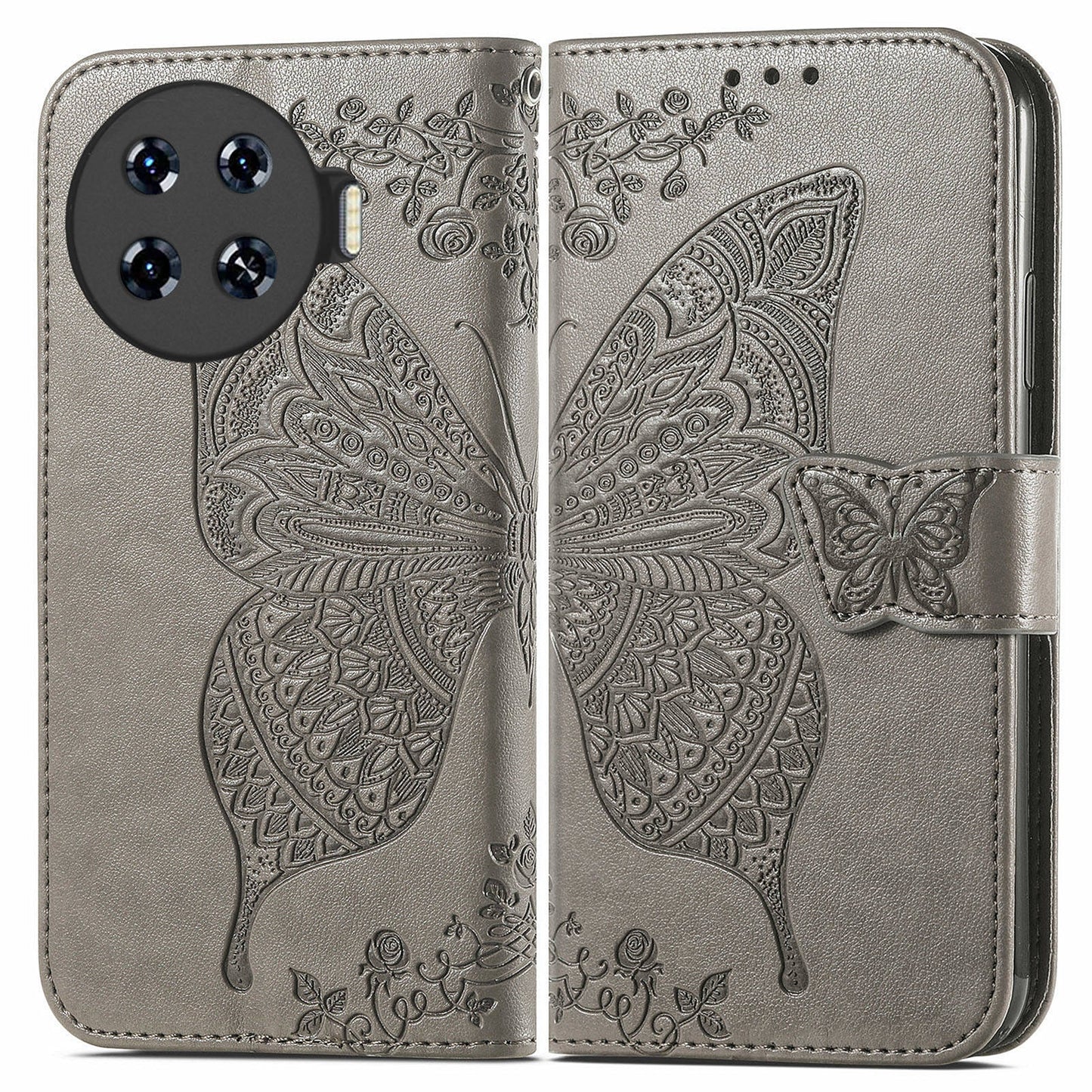 For Transsion Tecno Spark 20 Pro+ Case Butterfly PU Leather Wallet Flip Protective Phone Cover with Wrist Strap - Grey