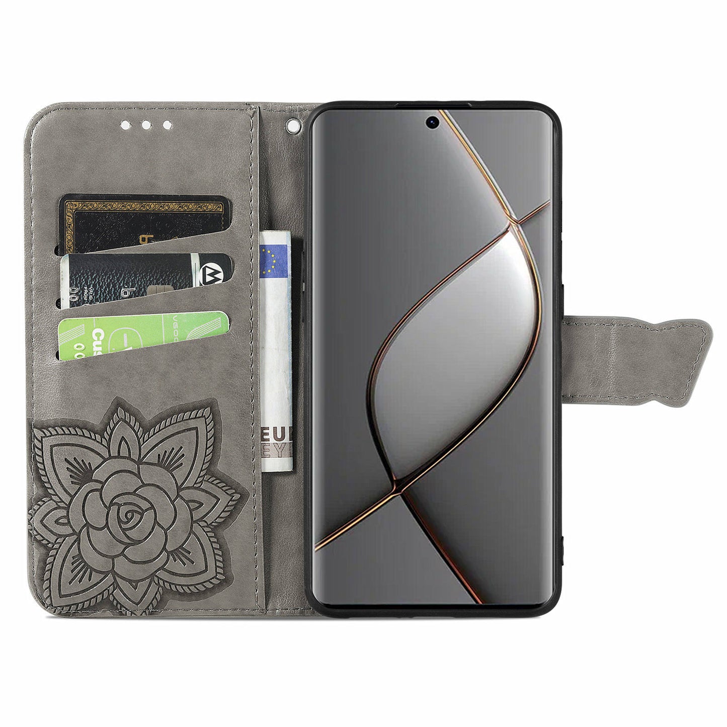 For Transsion Tecno Spark 20 Pro+ Case Butterfly PU Leather Wallet Flip Protective Phone Cover with Wrist Strap - Grey