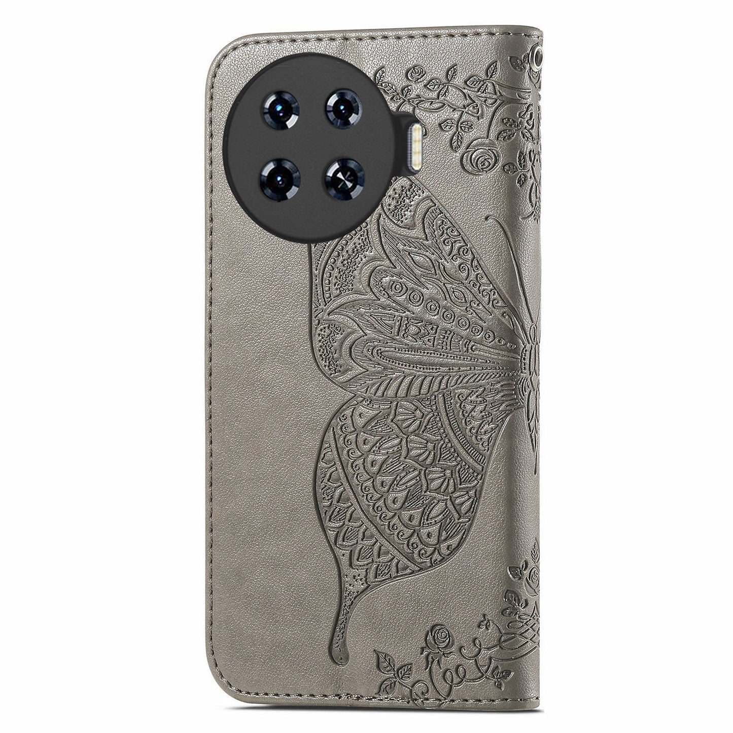For Transsion Tecno Spark 20 Pro+ Case Butterfly PU Leather Wallet Flip Protective Phone Cover with Wrist Strap - Grey