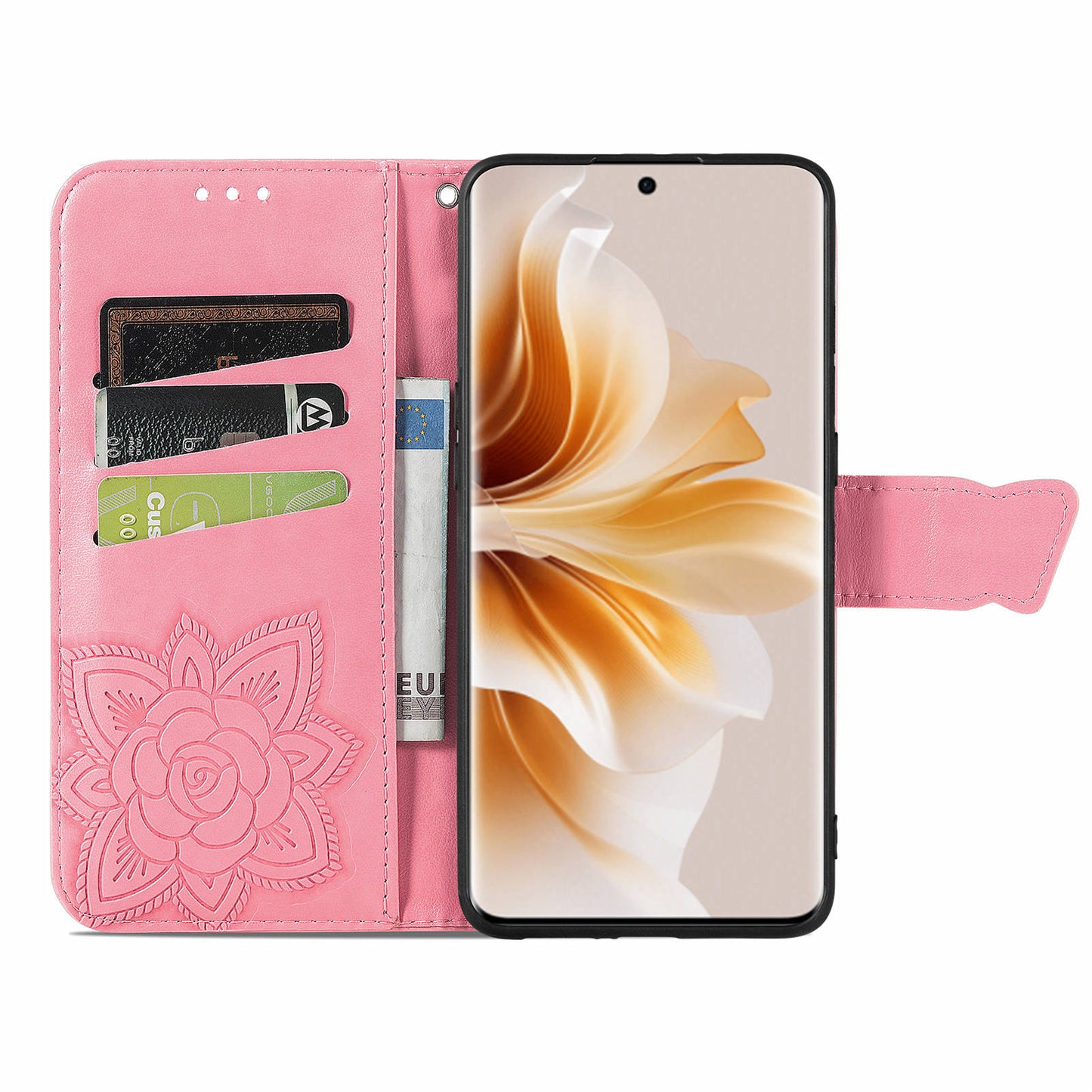 For Oppo Reno11 Pro 5G (Global) Leather Wallet Case Stand Card Holder Slots Butterfly Pattern Phone Cover - Pink