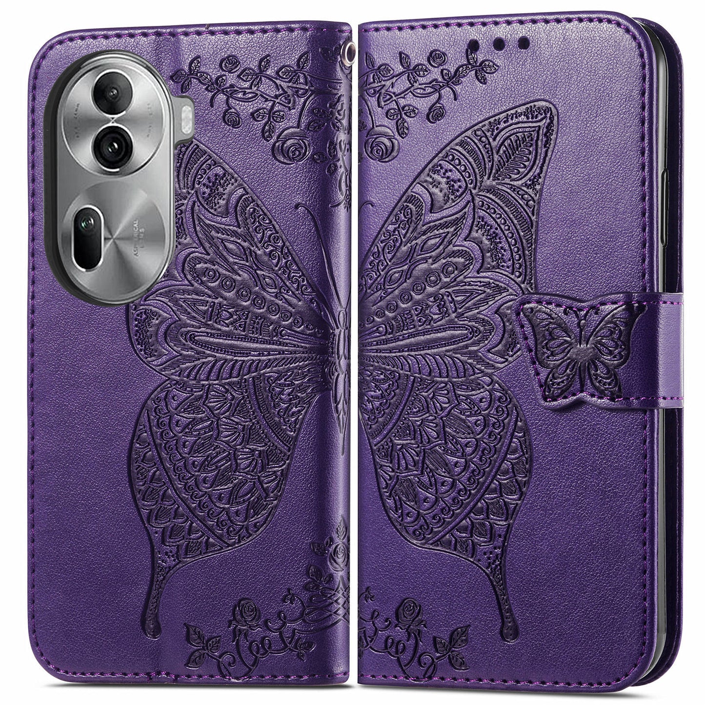 For Oppo Reno11 Pro 5G (Global) Leather Wallet Case Stand Card Holder Slots Butterfly Pattern Phone Cover - Dark Purple
