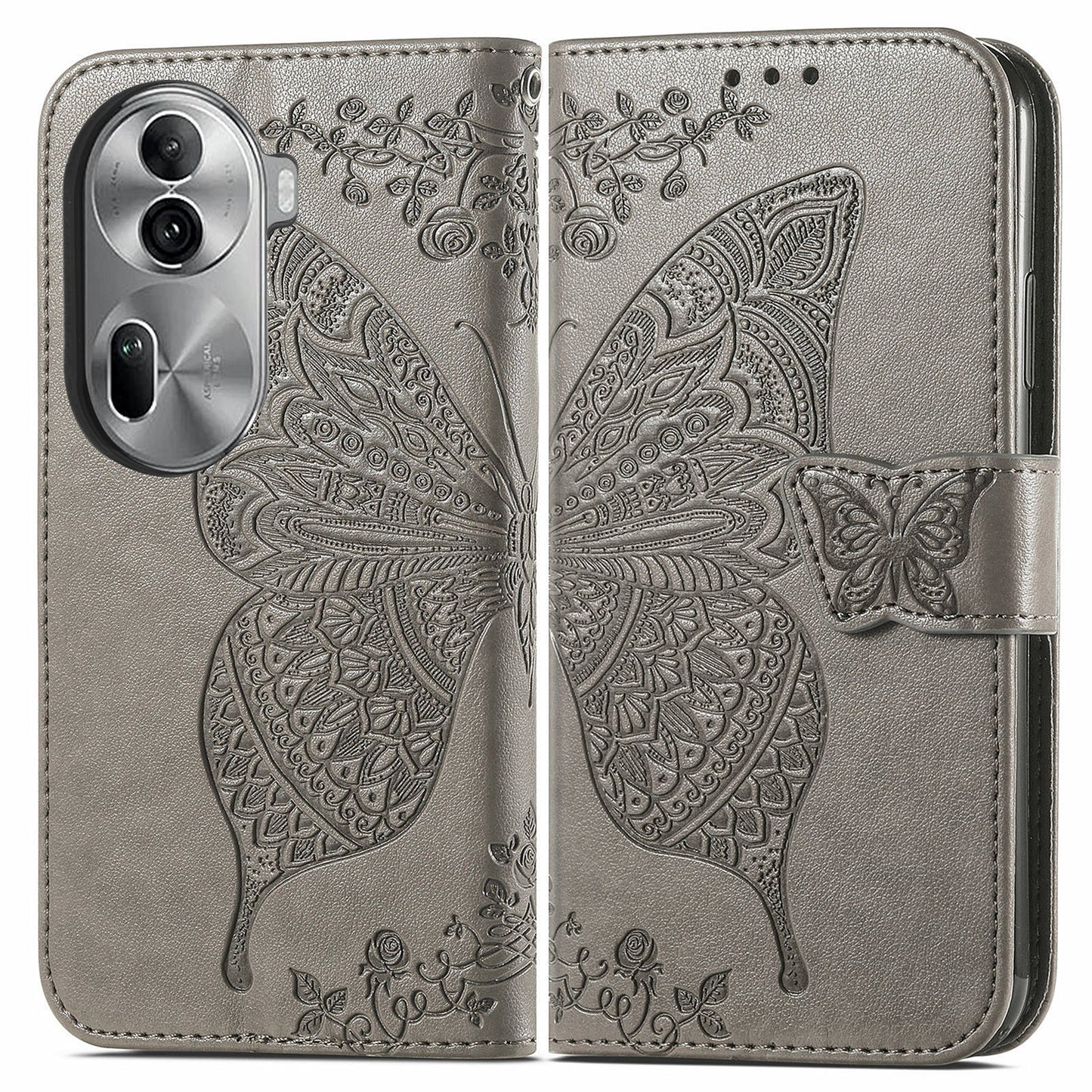 For Oppo Reno11 Pro 5G (Global) Leather Wallet Case Stand Card Holder Slots Butterfly Pattern Phone Cover - Grey
