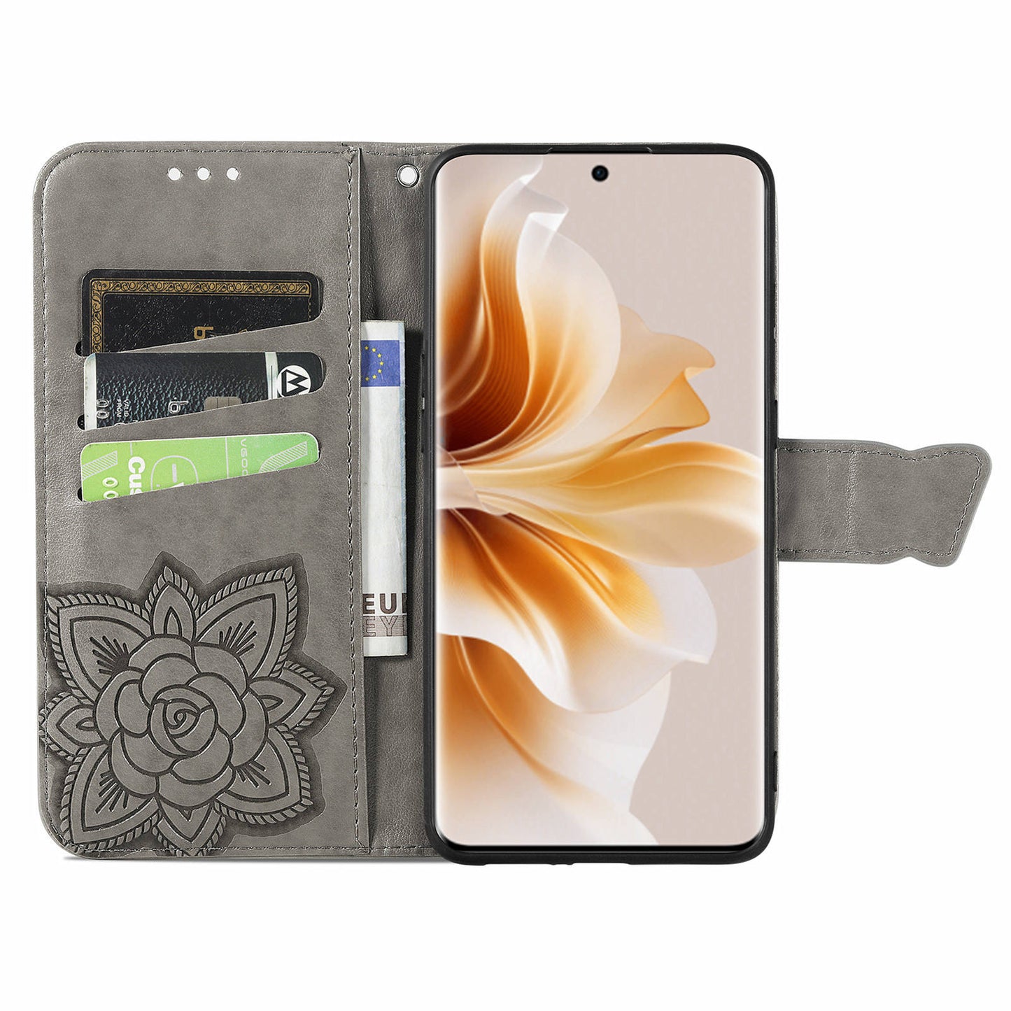 For Oppo Reno11 Pro 5G (Global) Leather Wallet Case Stand Card Holder Slots Butterfly Pattern Phone Cover - Grey