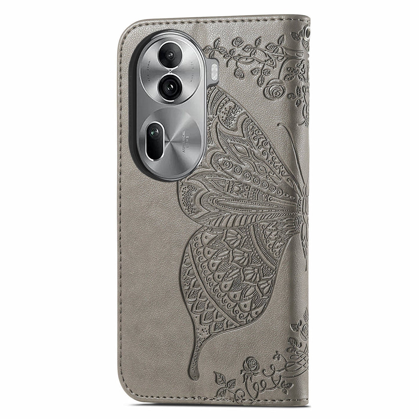 For Oppo Reno11 Pro 5G (Global) Leather Wallet Case Stand Card Holder Slots Butterfly Pattern Phone Cover - Grey