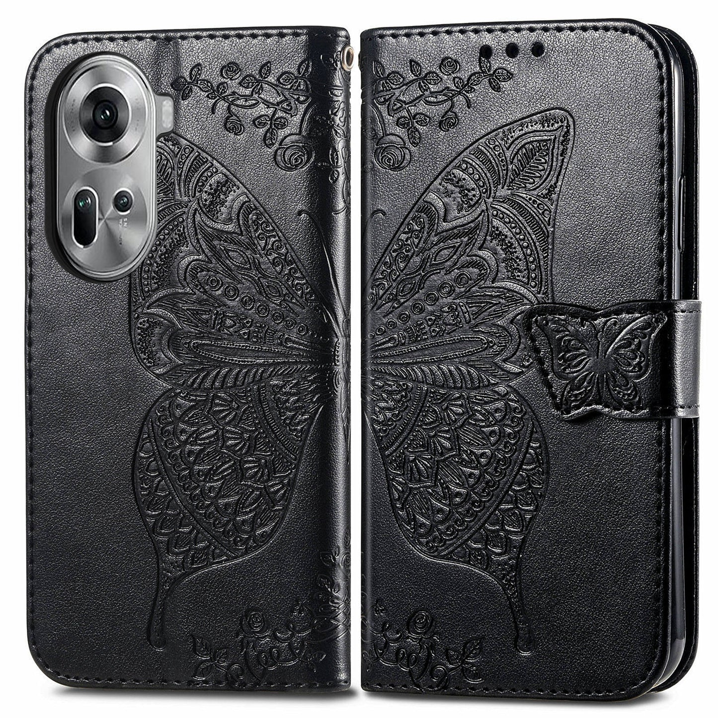 For Oppo Reno11 5G (Global) Case Wallet Butterfly Floral Imprinted Folio Leather Phone Cover - Black