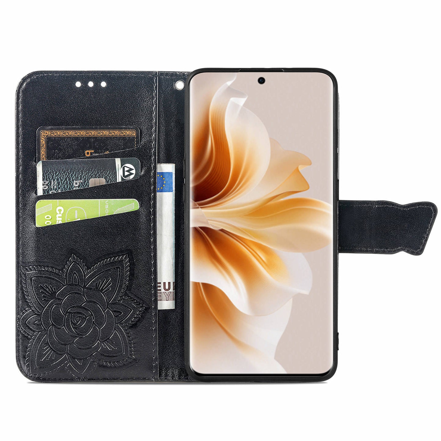 For Oppo Reno11 5G (Global) Case Wallet Butterfly Floral Imprinted Folio Leather Phone Cover - Black