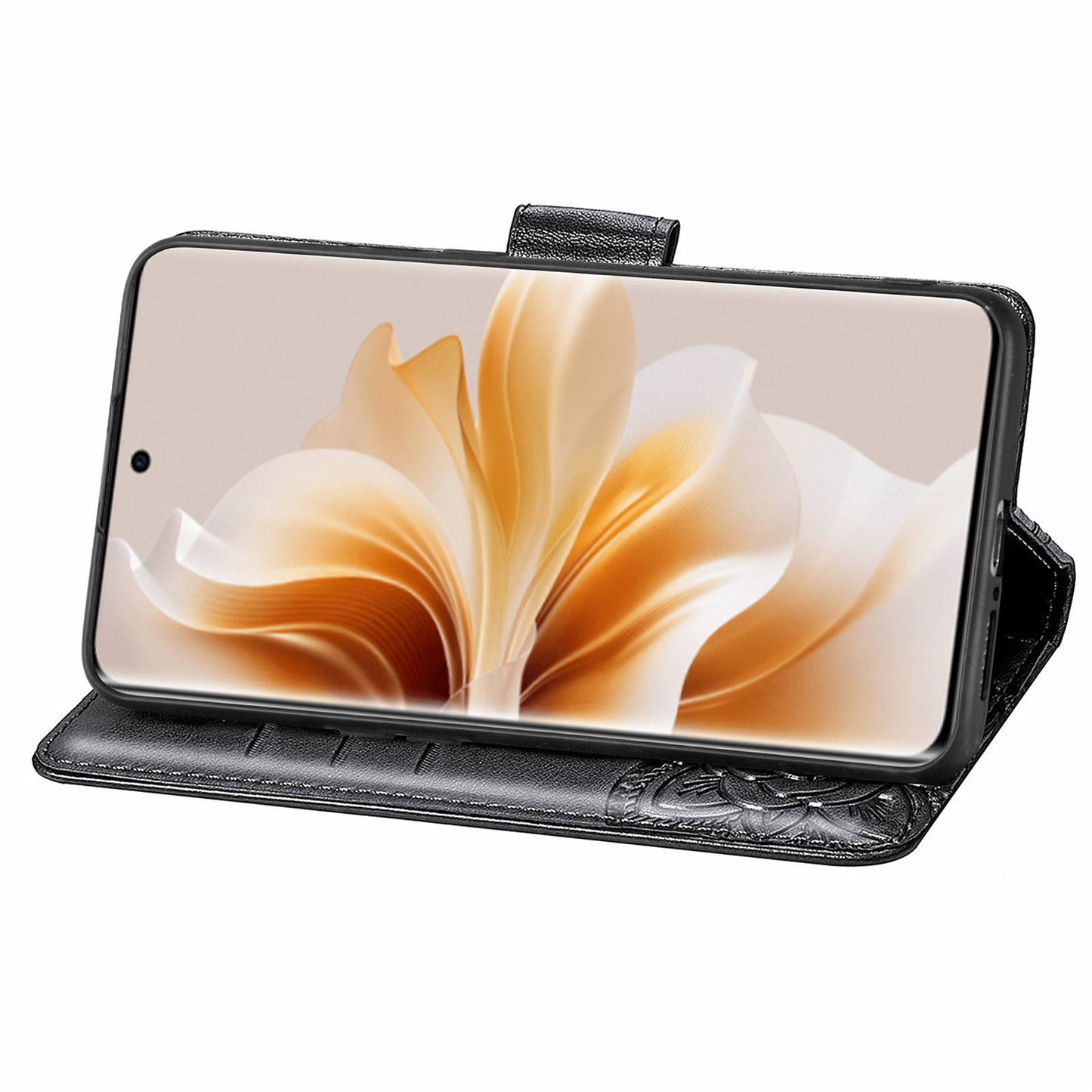 For Oppo Reno11 5G (Global) Case Wallet Butterfly Floral Imprinted Folio Leather Phone Cover - Black