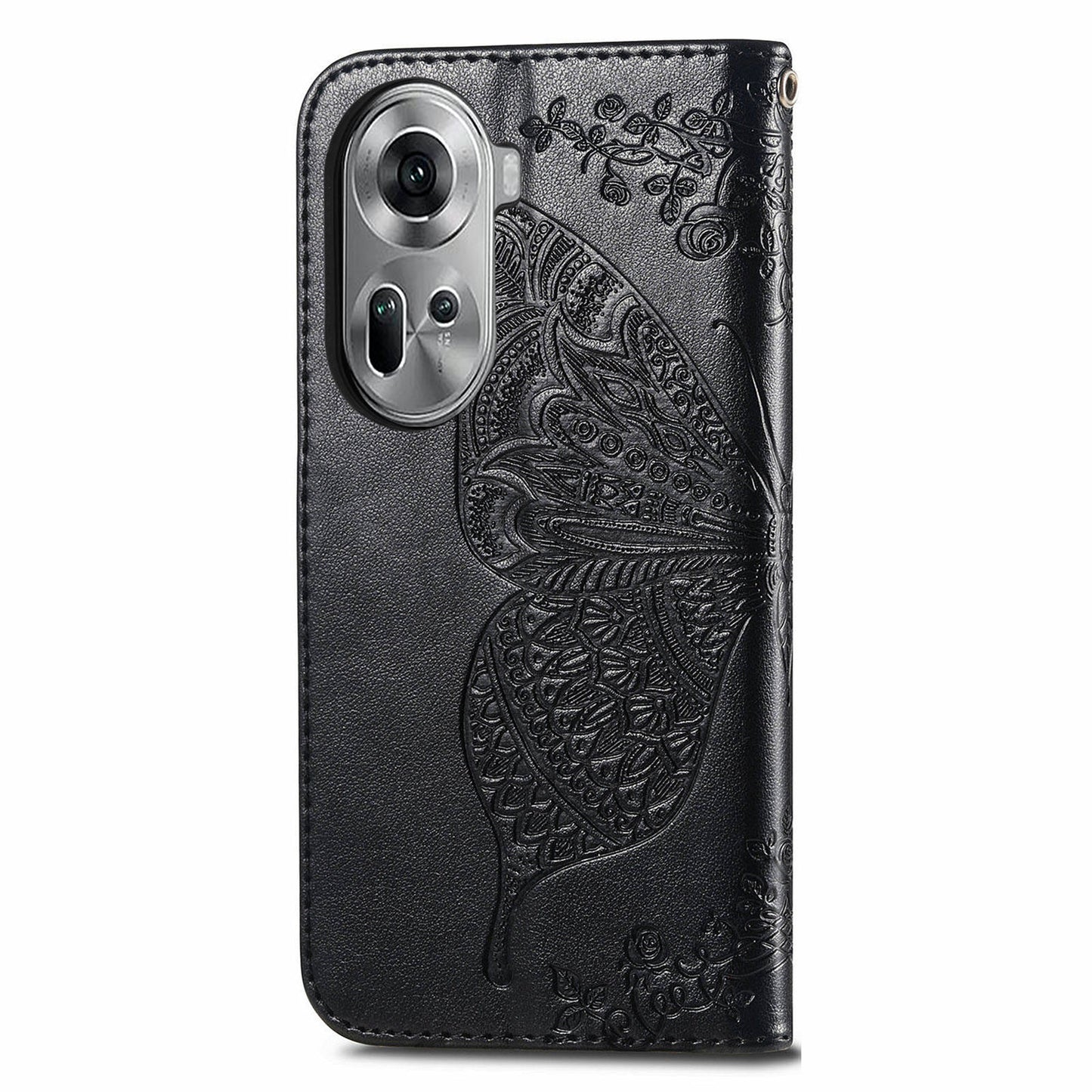 For Oppo Reno11 5G (Global) Case Wallet Butterfly Floral Imprinted Folio Leather Phone Cover - Black