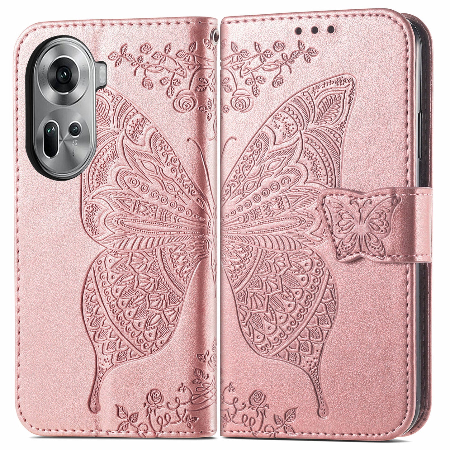 For Oppo Reno11 5G (Global) Case Wallet Butterfly Floral Imprinted Folio Leather Phone Cover - Rose Gold