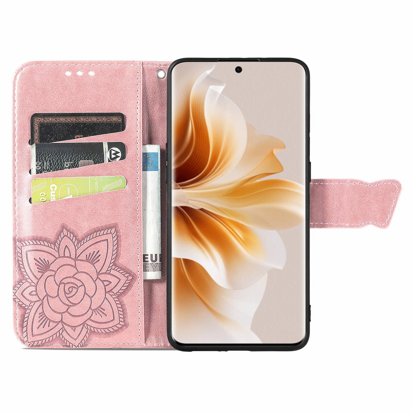 For Oppo Reno11 5G (Global) Case Wallet Butterfly Floral Imprinted Folio Leather Phone Cover - Rose Gold