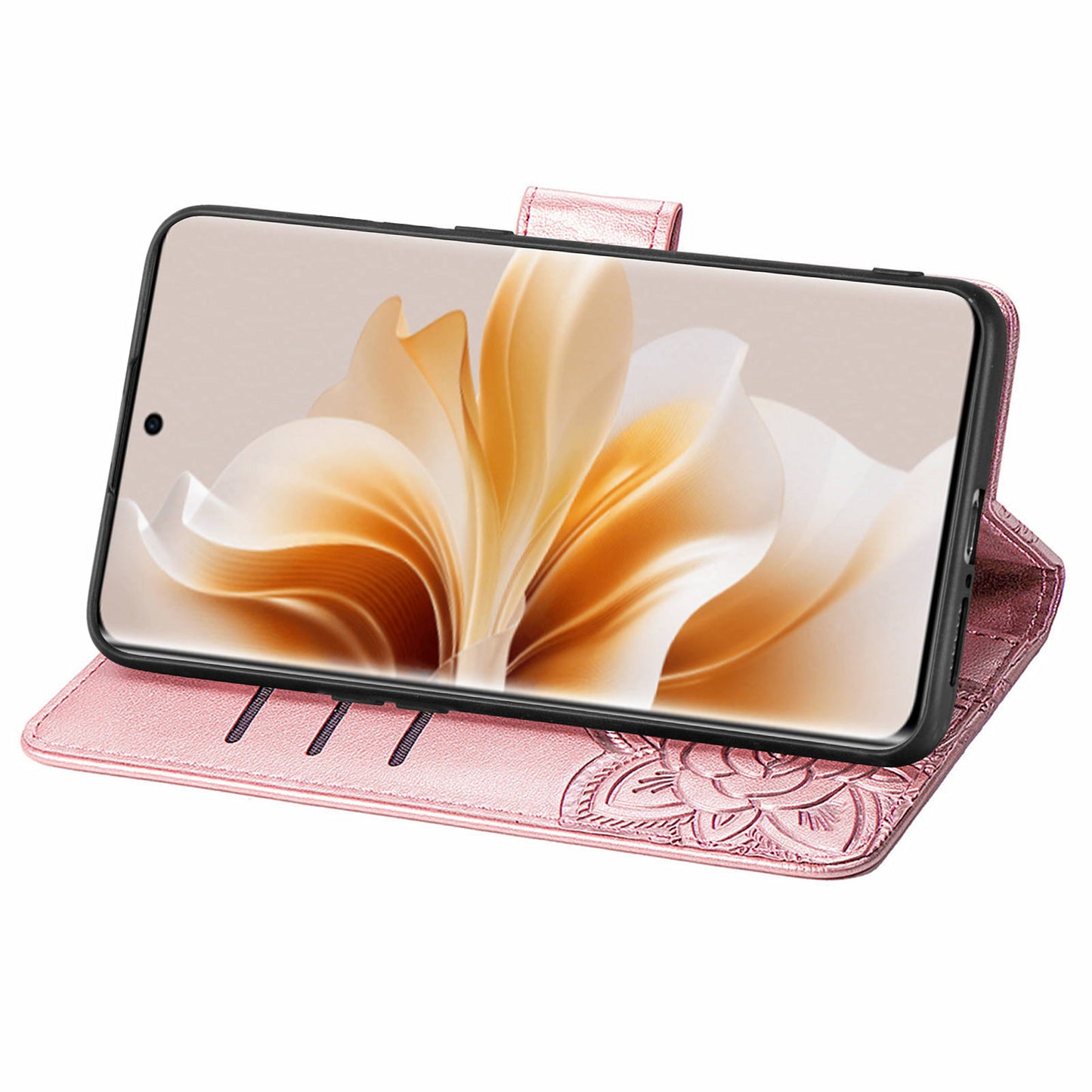 For Oppo Reno11 5G (Global) Case Wallet Butterfly Floral Imprinted Folio Leather Phone Cover - Rose Gold