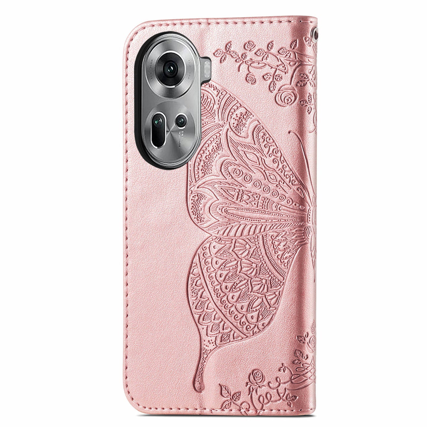 For Oppo Reno11 5G (Global) Case Wallet Butterfly Floral Imprinted Folio Leather Phone Cover - Rose Gold