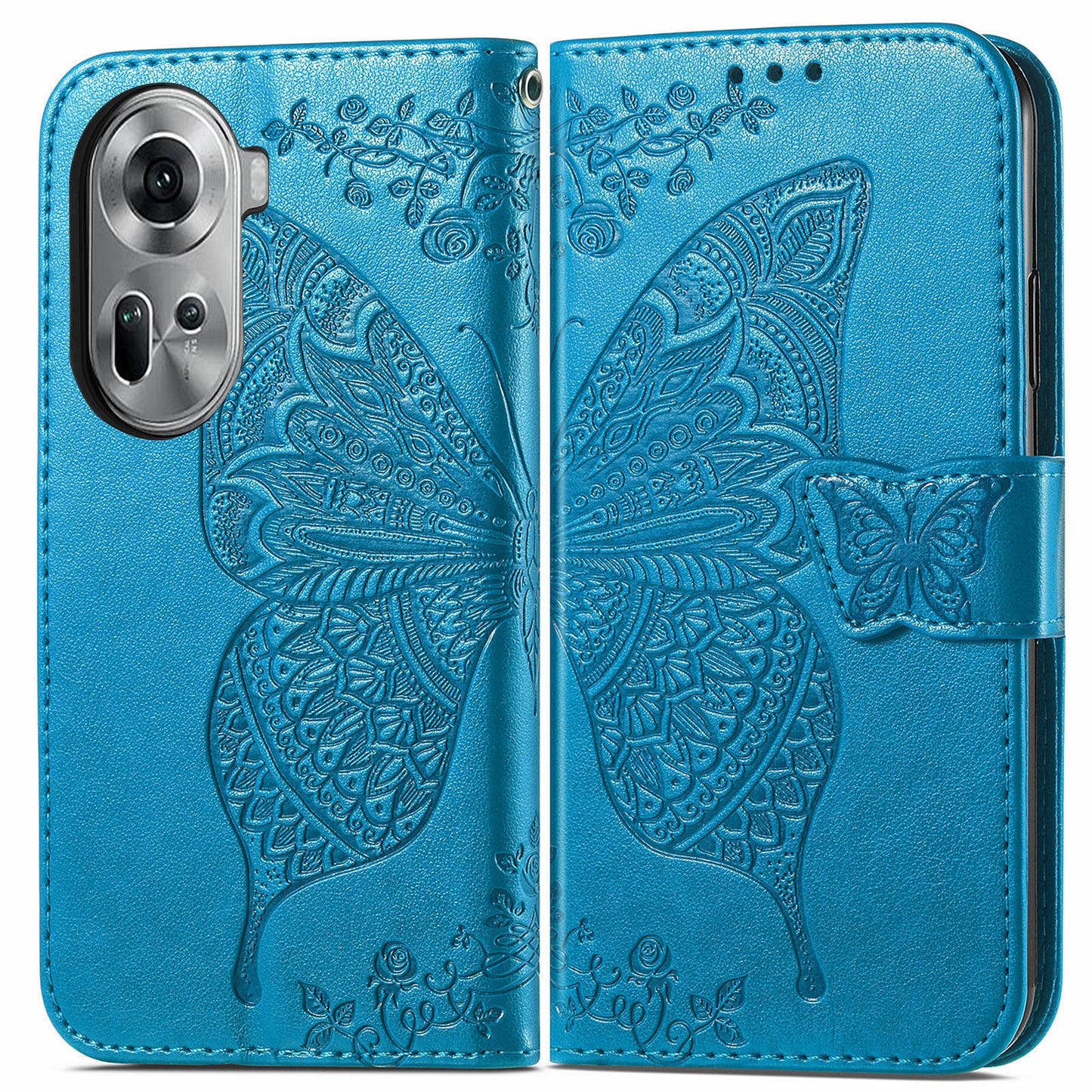For Oppo Reno11 5G (Global) Case Wallet Butterfly Floral Imprinted Folio Leather Phone Cover - Blue