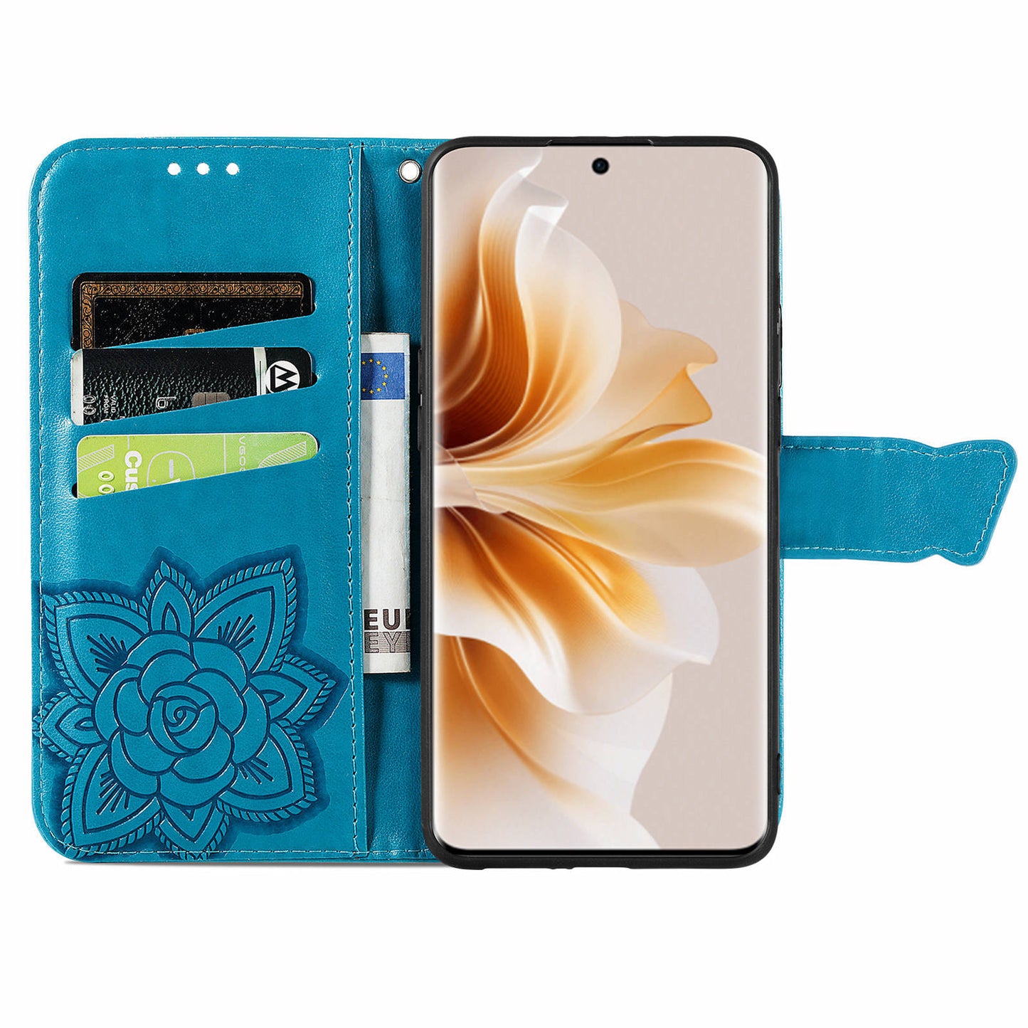 For Oppo Reno11 5G (Global) Case Wallet Butterfly Floral Imprinted Folio Leather Phone Cover - Blue