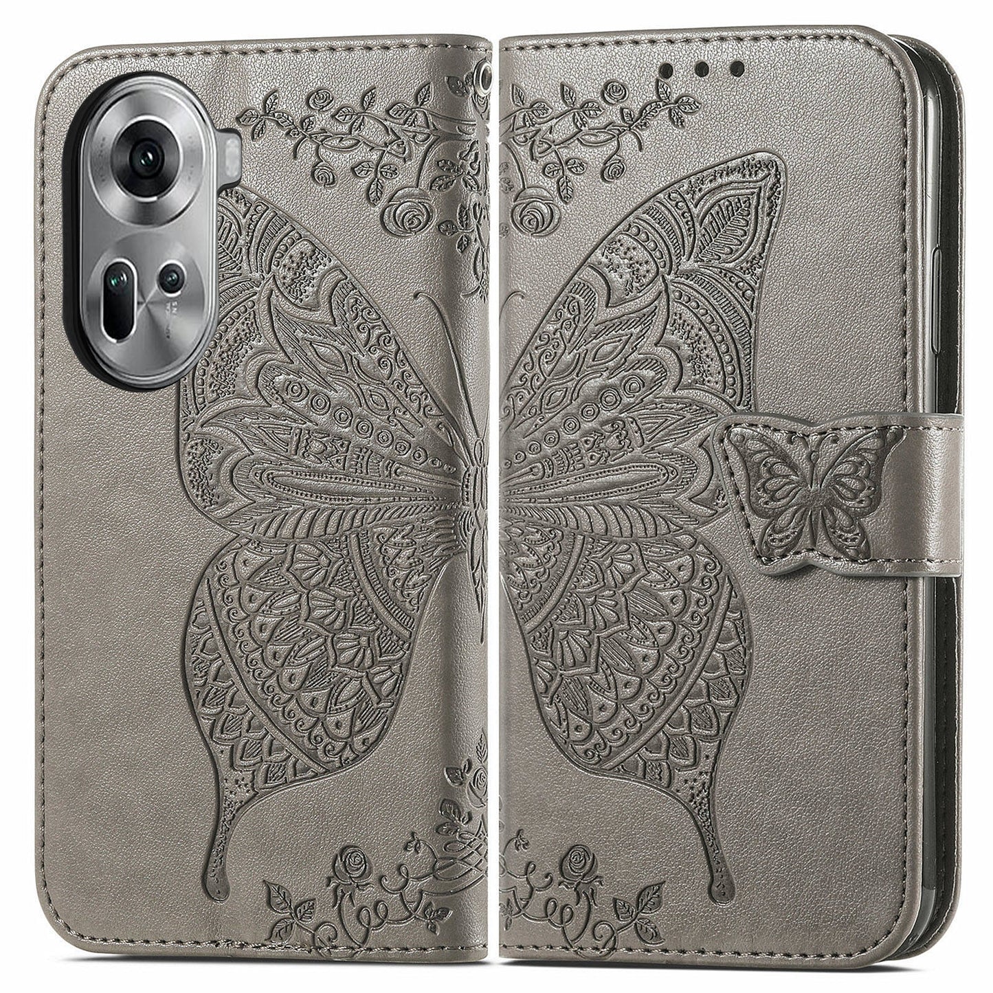 For Oppo Reno11 5G (Global) Case Wallet Butterfly Floral Imprinted Folio Leather Phone Cover - Grey