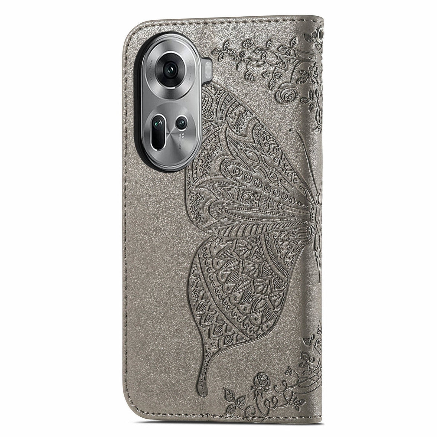 For Oppo Reno11 5G (Global) Case Wallet Butterfly Floral Imprinted Folio Leather Phone Cover - Grey