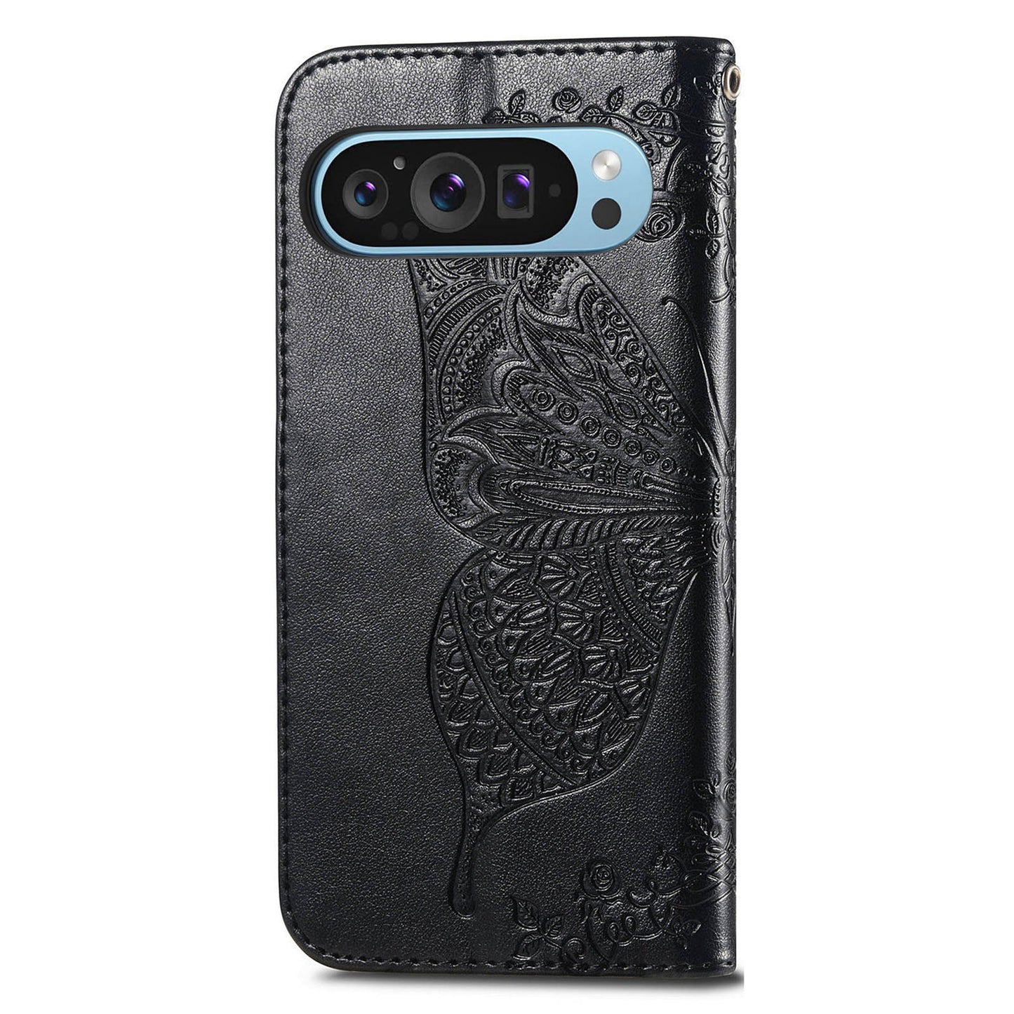 For Google Pixel 9 Case Butterfly Floral Pattern PU Leather Wrist Strap Card / Cash Slots Phone Cover - Black
