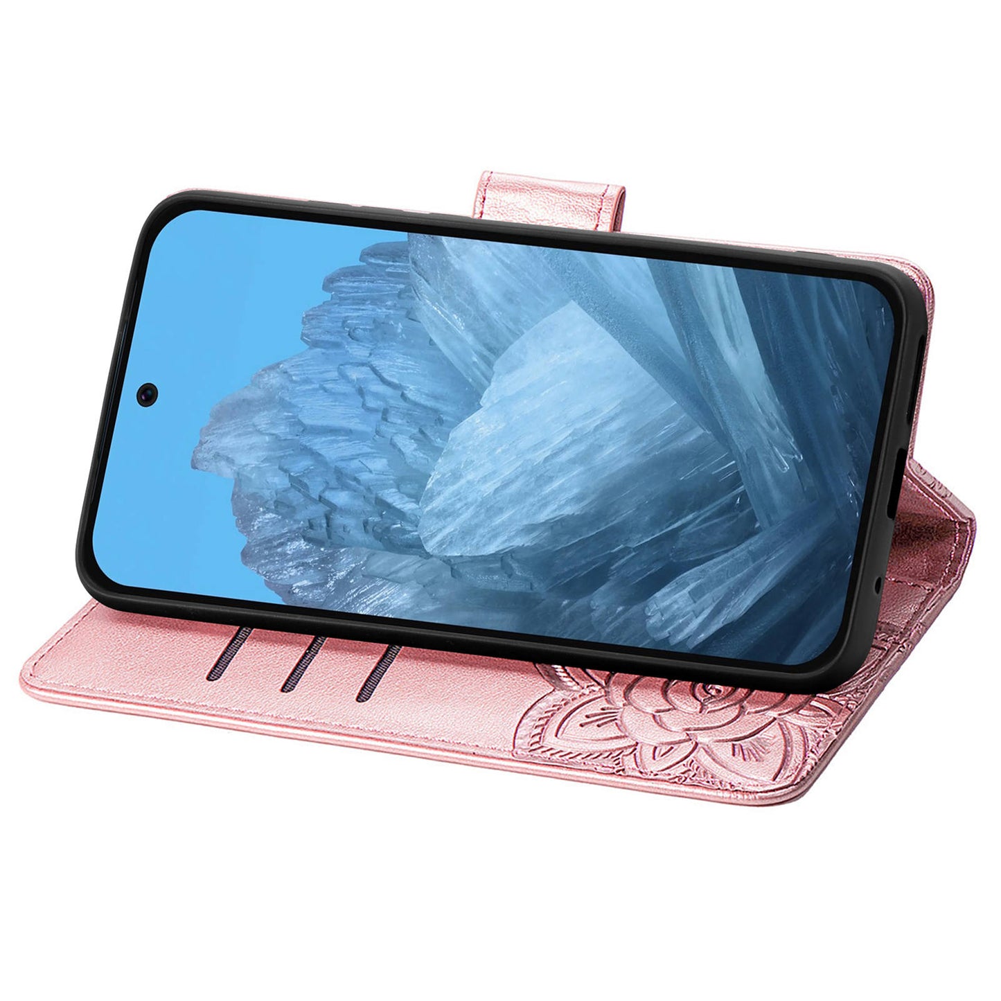 For Google Pixel 9 Case Butterfly Floral Pattern PU Leather Wrist Strap Card / Cash Slots Phone Cover - Rose Gold