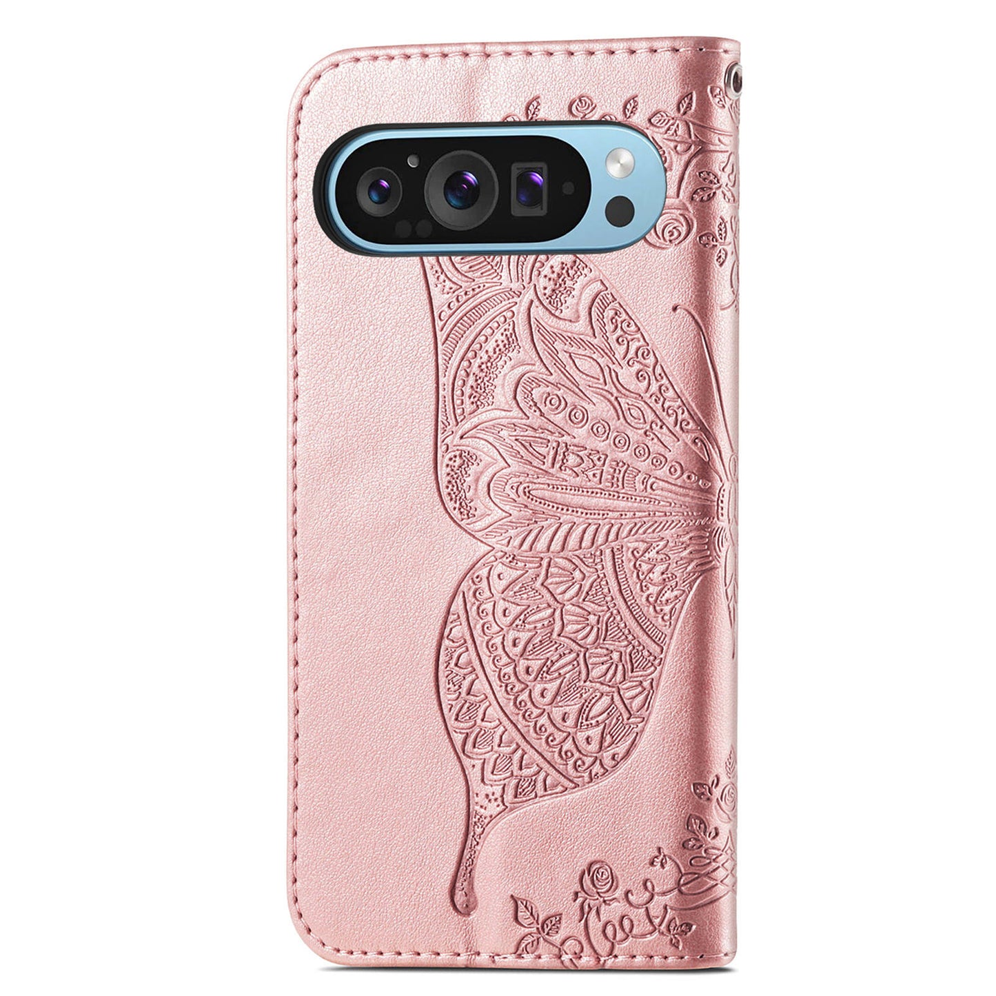 For Google Pixel 9 Case Butterfly Floral Pattern PU Leather Wrist Strap Card / Cash Slots Phone Cover - Rose Gold