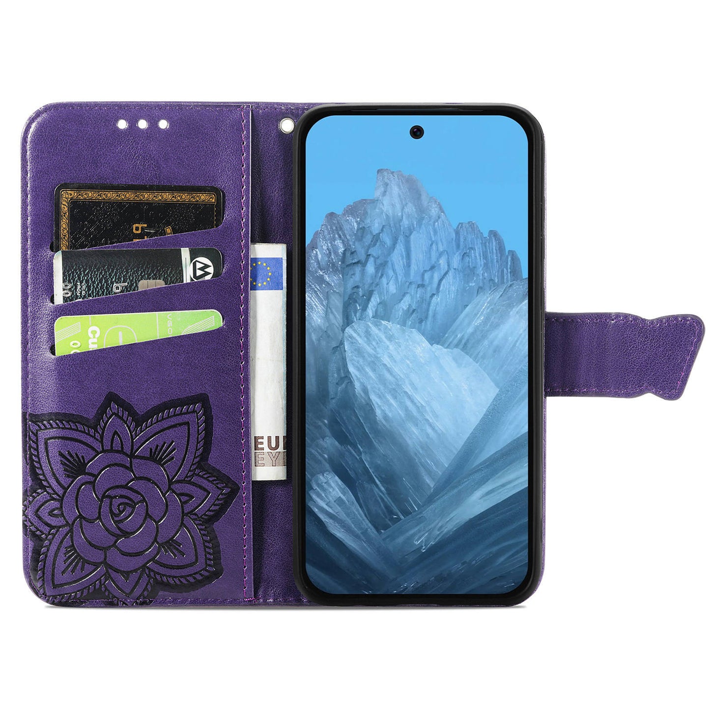 For Google Pixel 9 Case Butterfly Floral Pattern PU Leather Wrist Strap Card / Cash Slots Phone Cover - Dark Purple