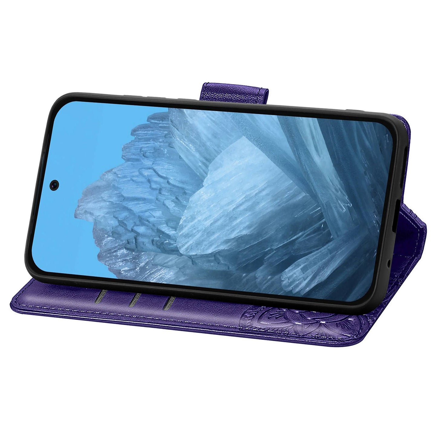 For Google Pixel 9 Case Butterfly Floral Pattern PU Leather Wrist Strap Card / Cash Slots Phone Cover - Dark Purple